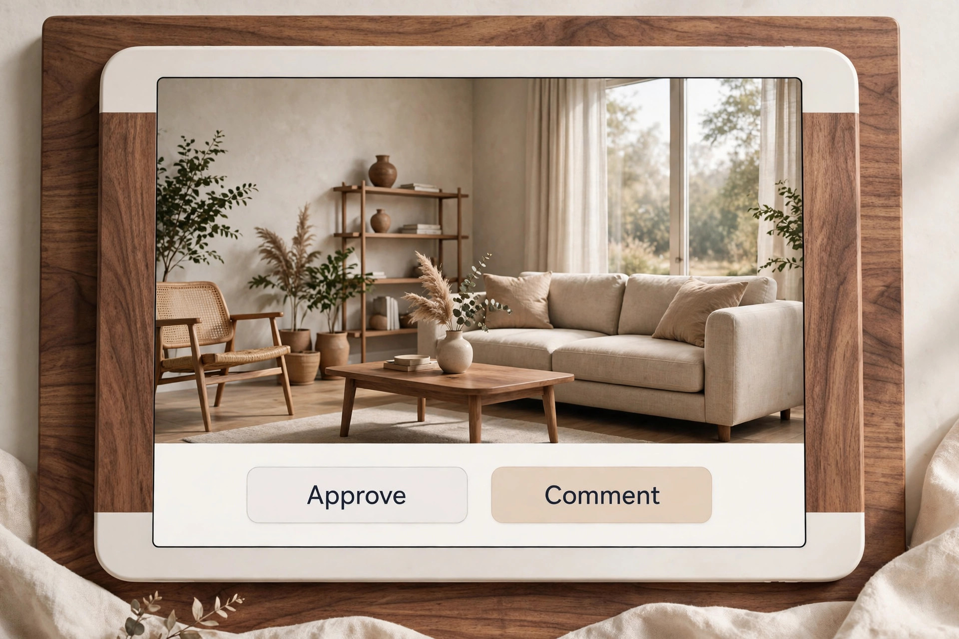 Mockup of a presentation review on a tablet with Approve and Comment buttons