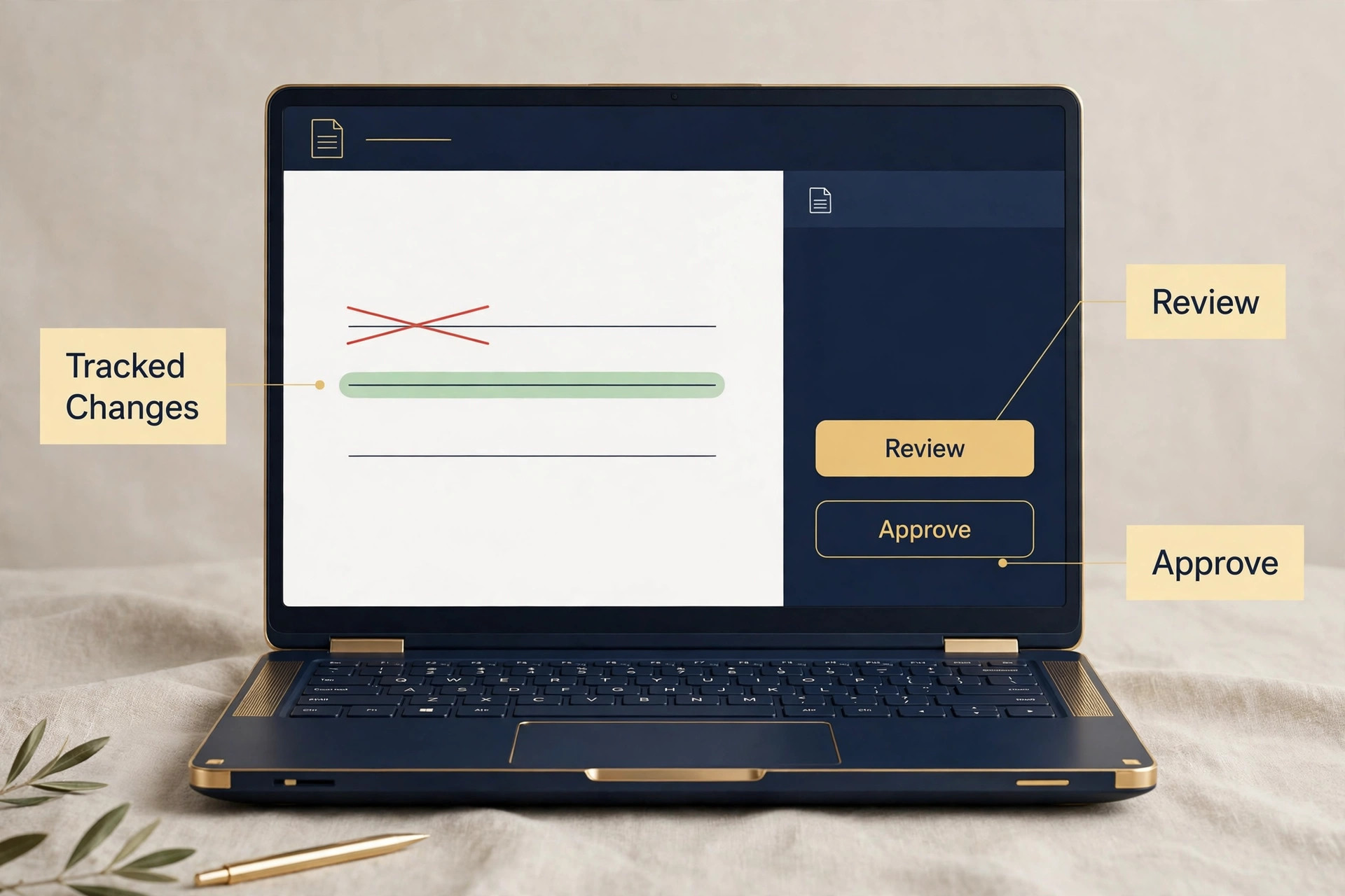 Mockup of a document editor on a laptop showing tracked changes with Review and Approve buttons
