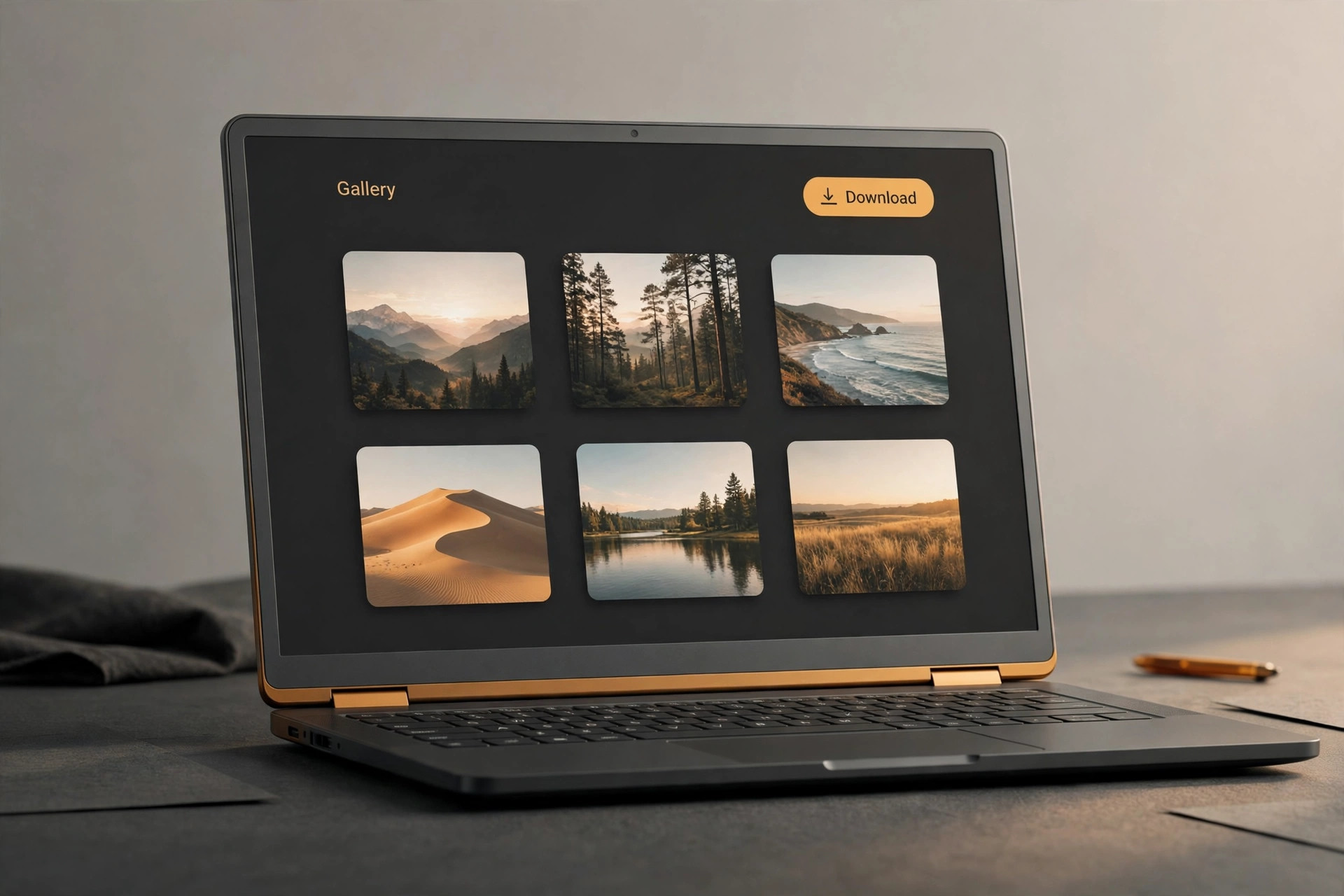 Mockup of a client gallery on a laptop with a Download button