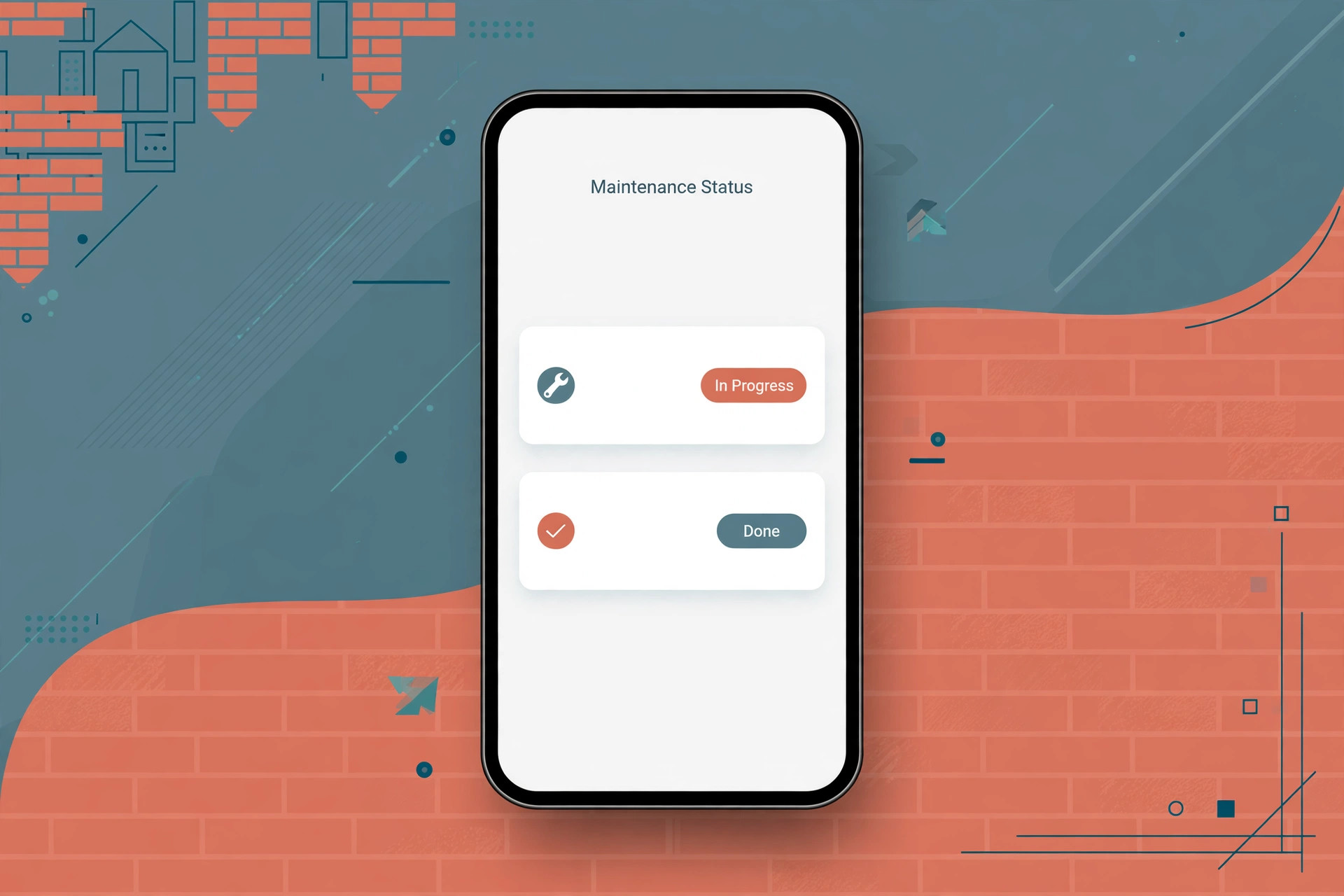 Mockup of a tenant portal showing maintenance status as In Progress and Done