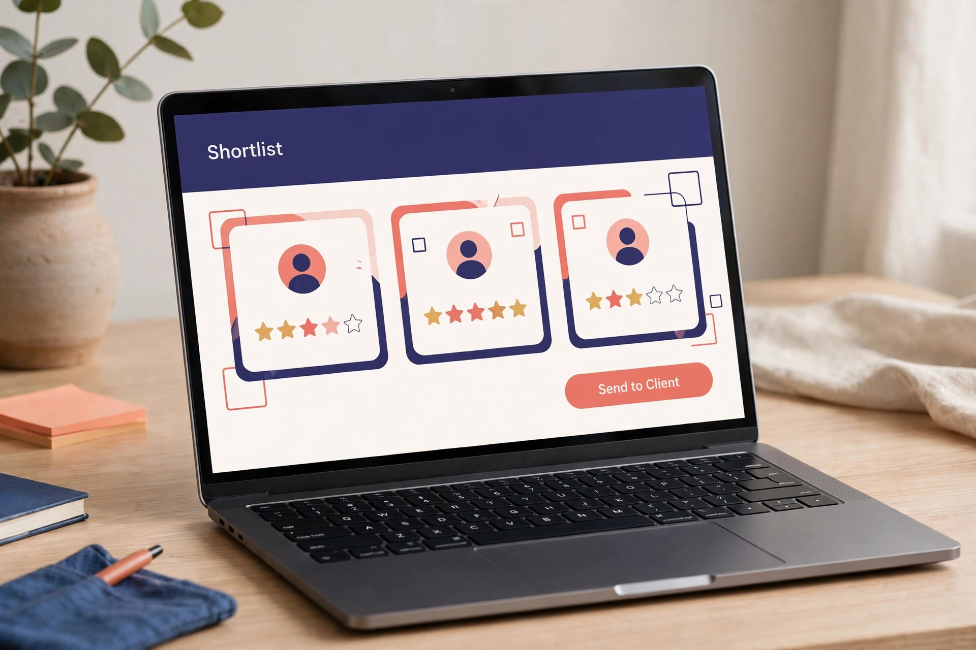 Mockup of a shortlist presentation on a laptop with candidate cards, star ratings and a Send to Client button
