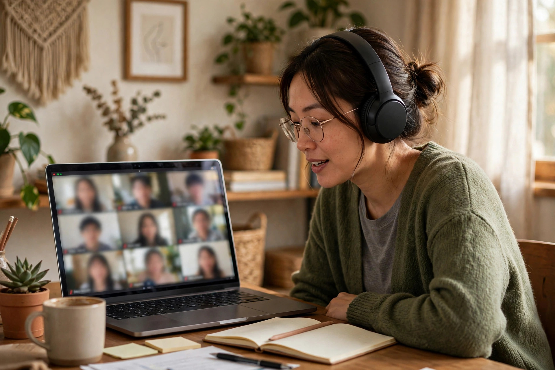 Mockup of a teacher wearing over-ear headphones during a live online lesson
