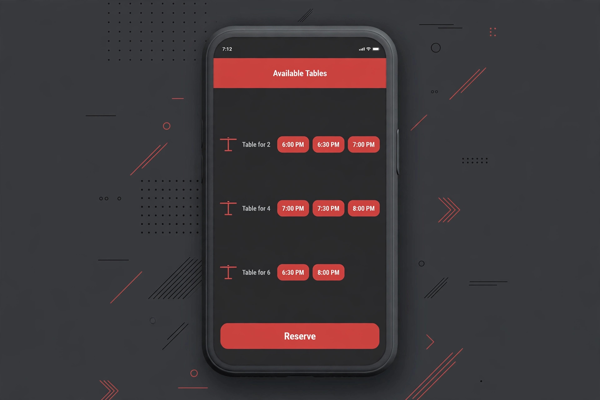 Mockup of a reservation page on a phone showing available tables for 2, 4 and 6 and a Reserve button