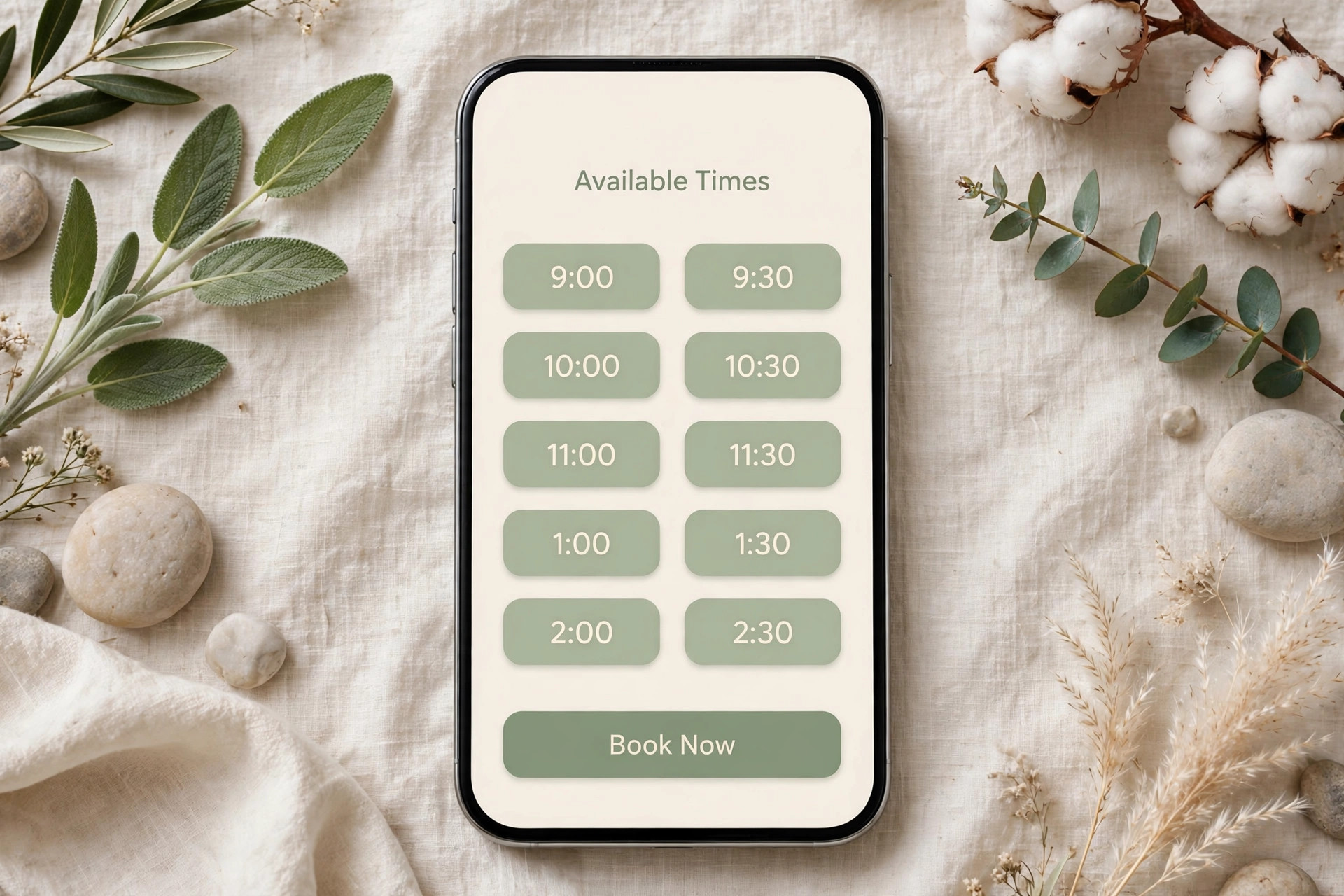 Mockup of a spa booking page on a phone showing available times and a Book Now button