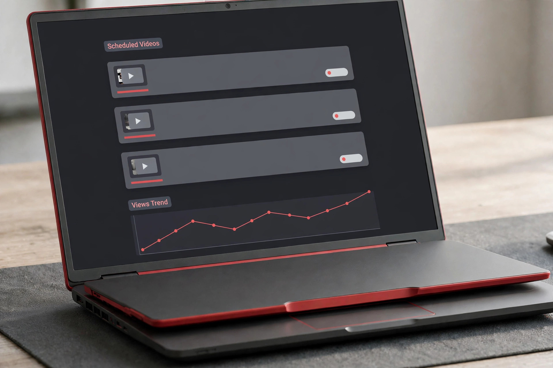 Mockup of a channel dashboard on a laptop showing scheduled videos and a rising views trend line, no figures