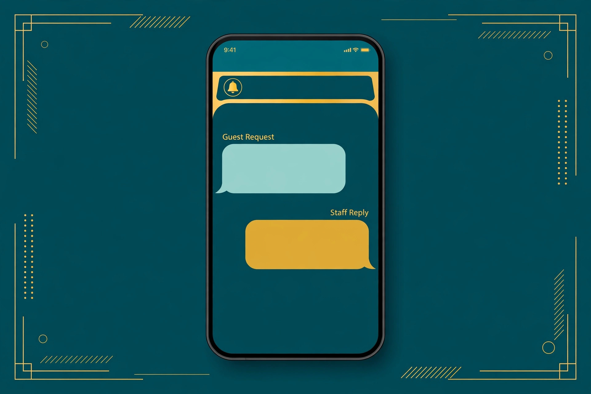 Mockup of a guest messaging thread on a phone showing a guest request and a staff reply