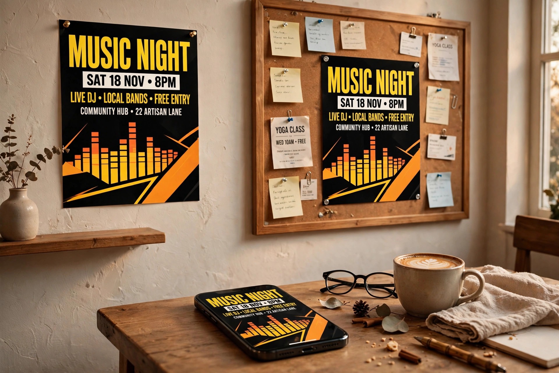 Mockup of a poster on a wall noticeboard and phone screen