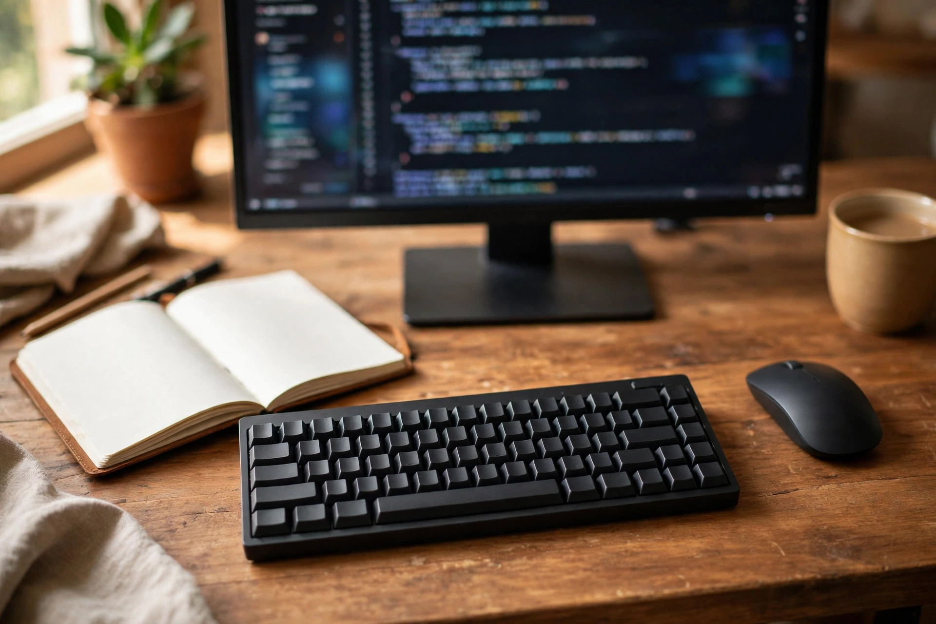 Mockup of a beginner programming desk with tenkeyless keyboard and monitor