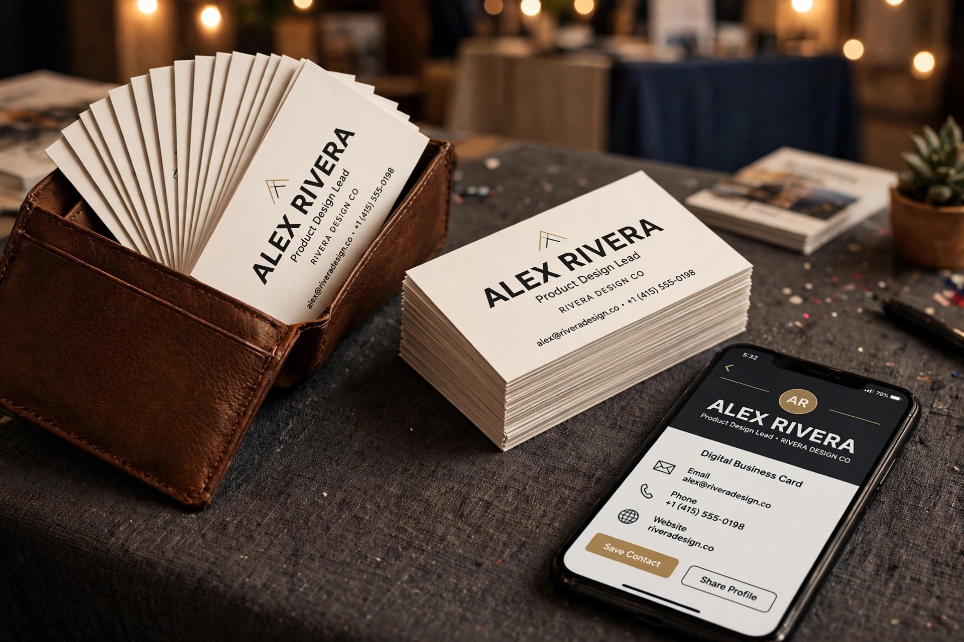 Mockup of business cards in a wallet on a table and on a phone