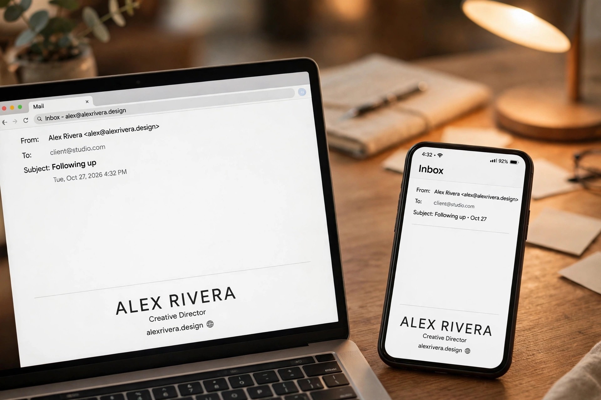 Mockup of an email signature on desktop and phone inboxes