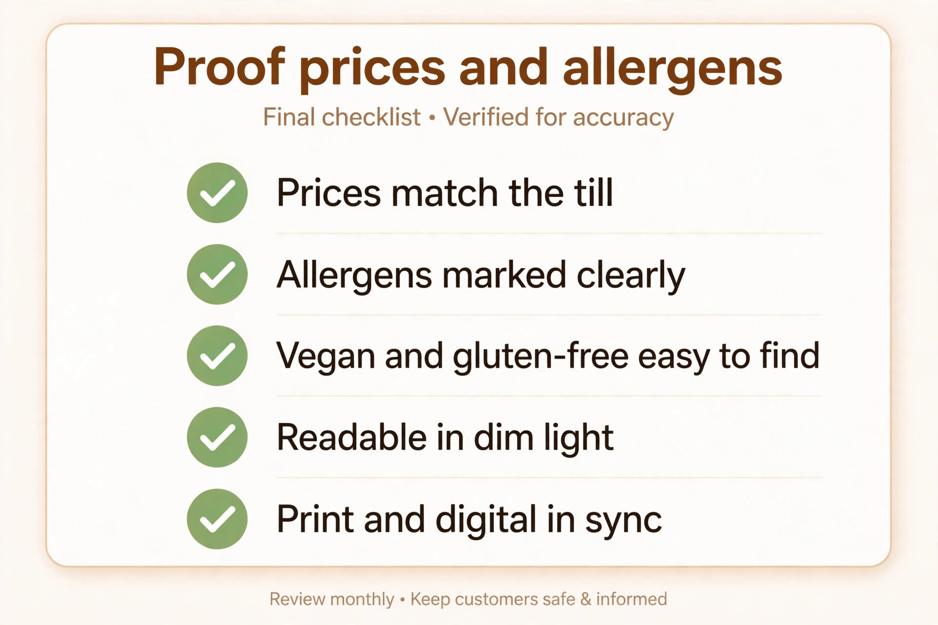 Checklist for proofing menu prices and allergens