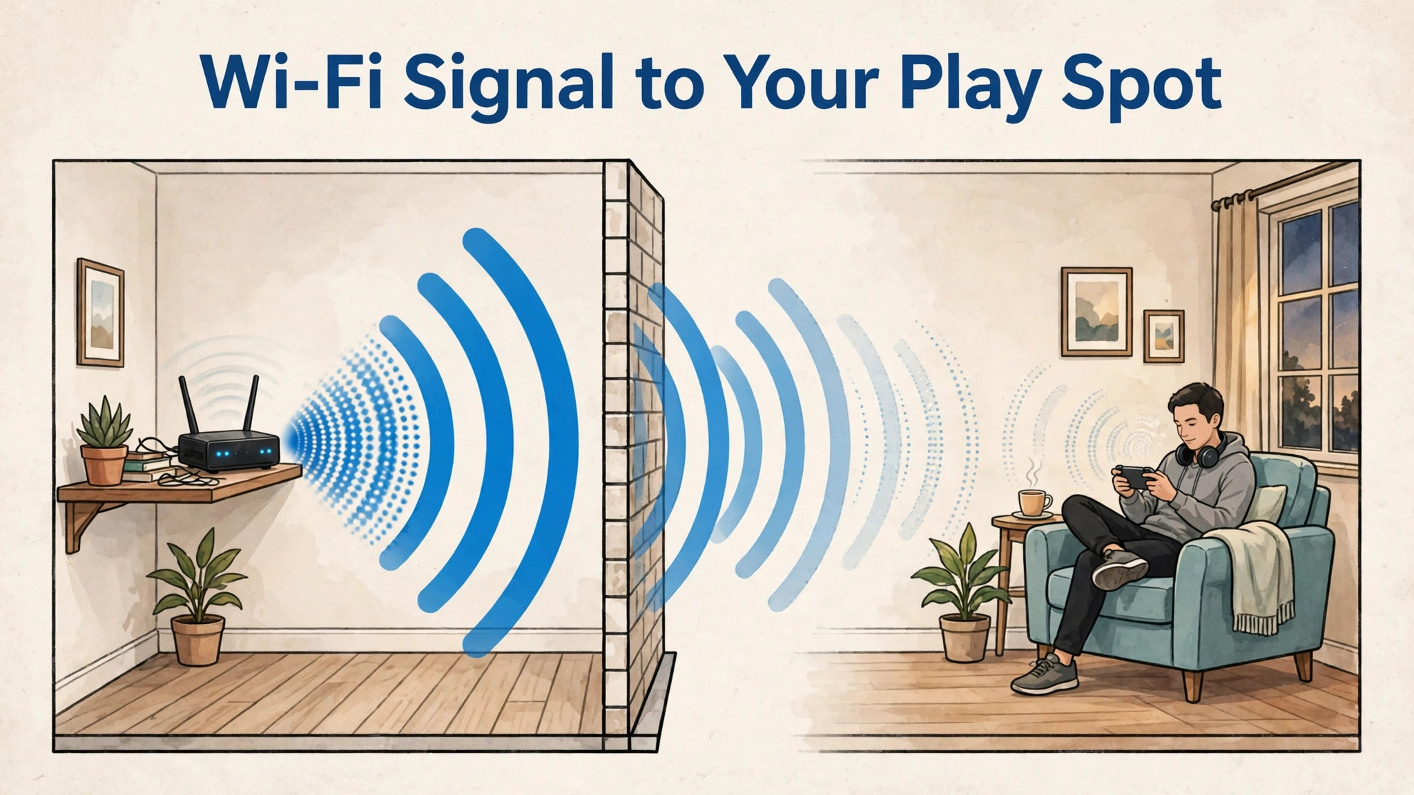 Diagram of Wi-Fi signal strength from router to favourite play spot