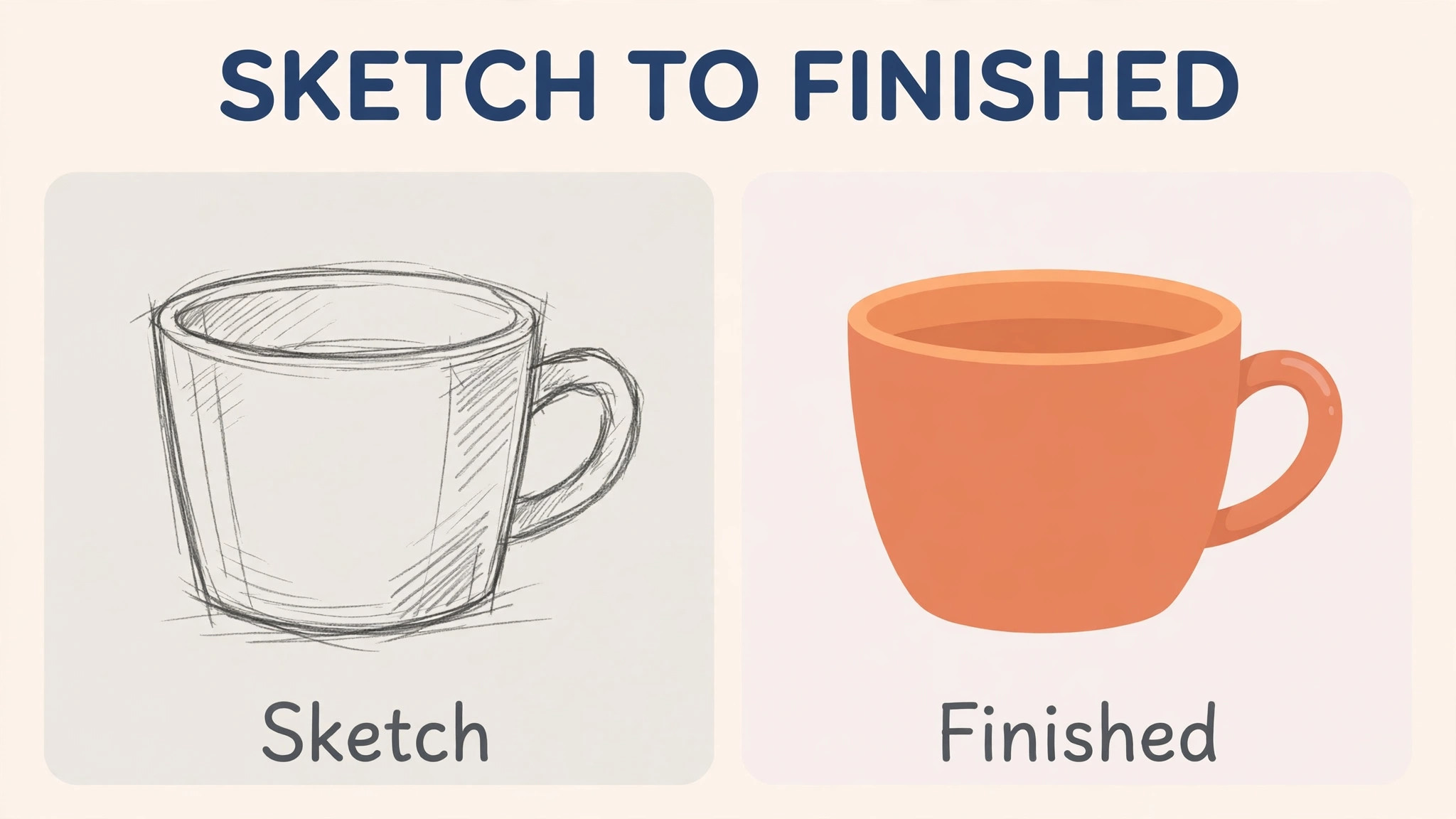 Before and after drawing view showing loose sketch beside clean coloured final