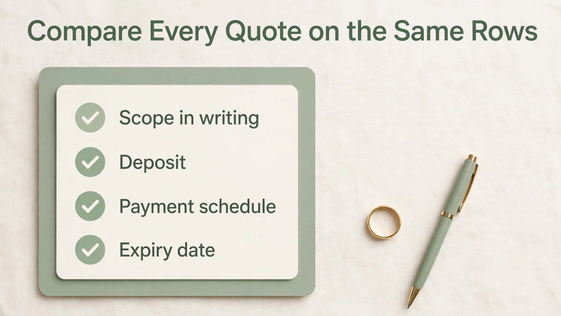 Vendor quote checklist with scope deposit and expiry rows ticked