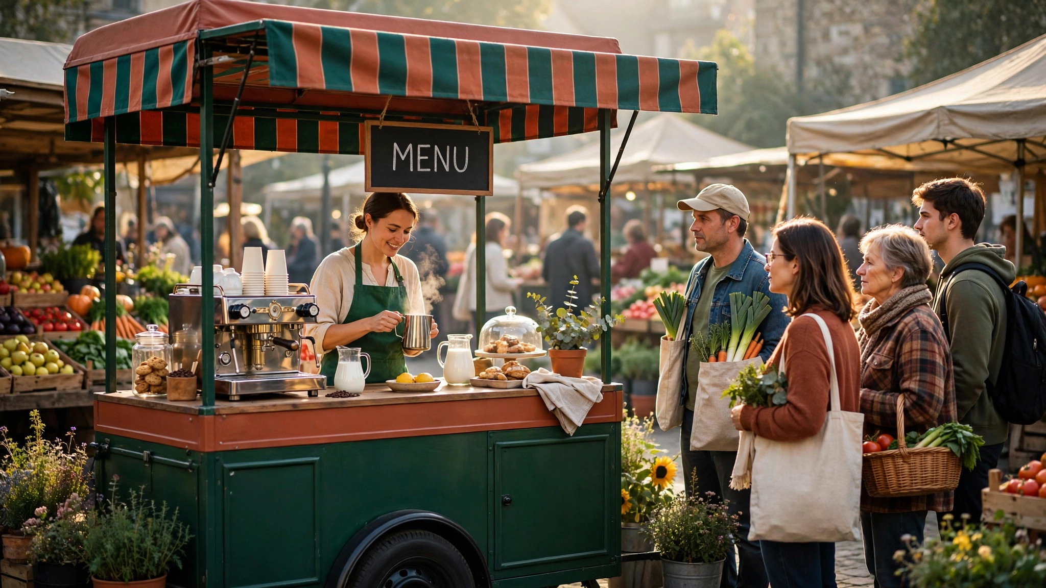 Mockup of a mobile coffee cart trading at a busy market pitch