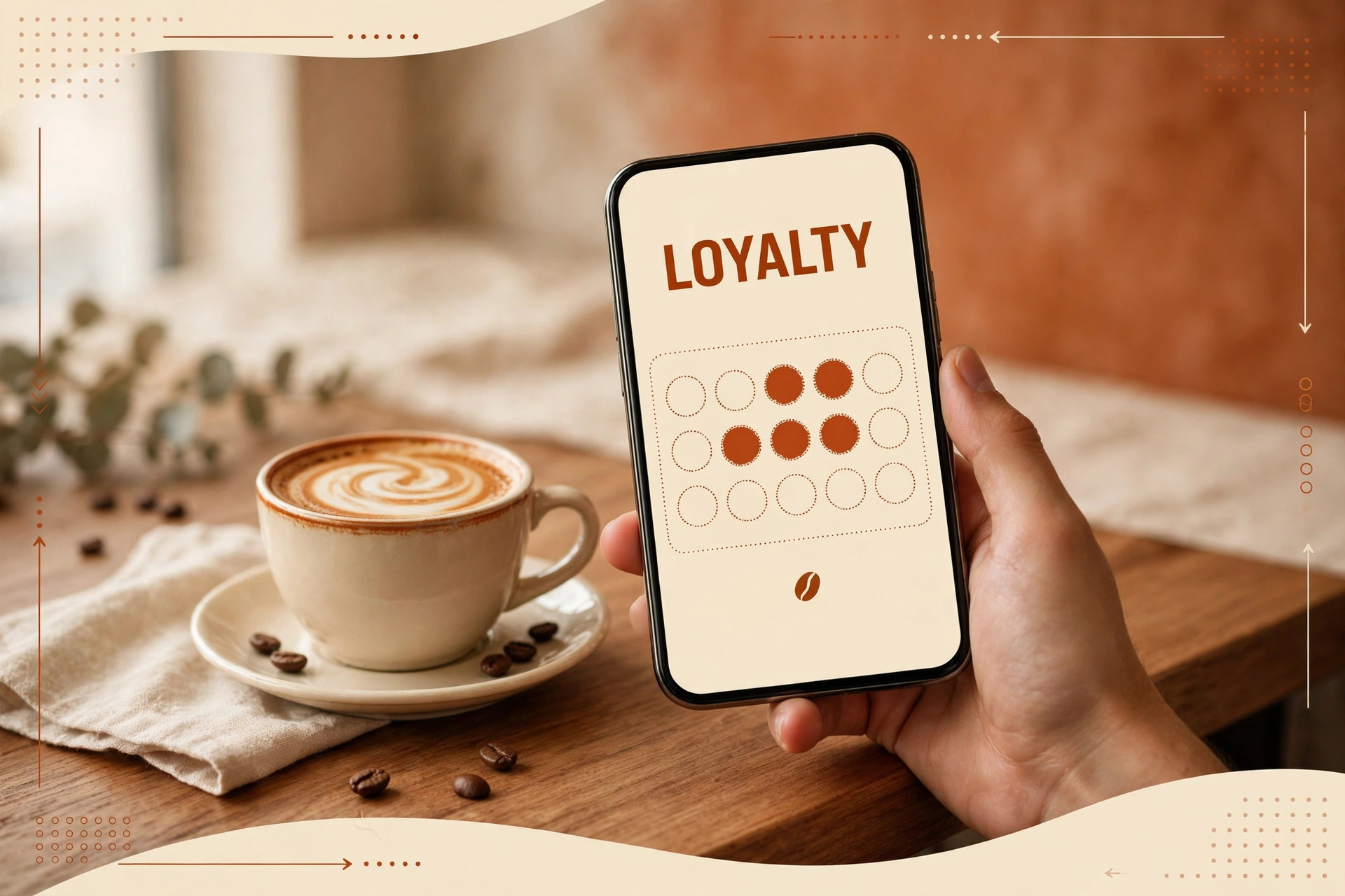 Mockup of a coffee shop loyalty wallet pass on a phone at the counter