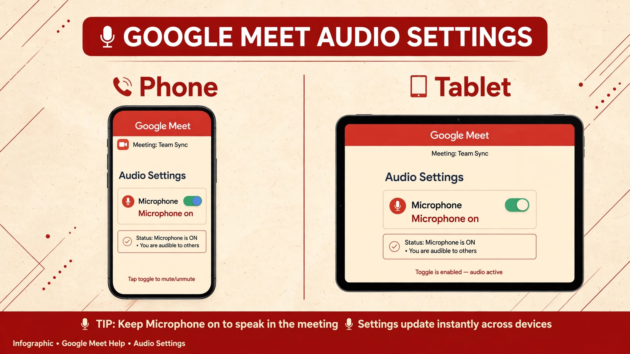 Mockup of Meet audio settings on phone and tablet