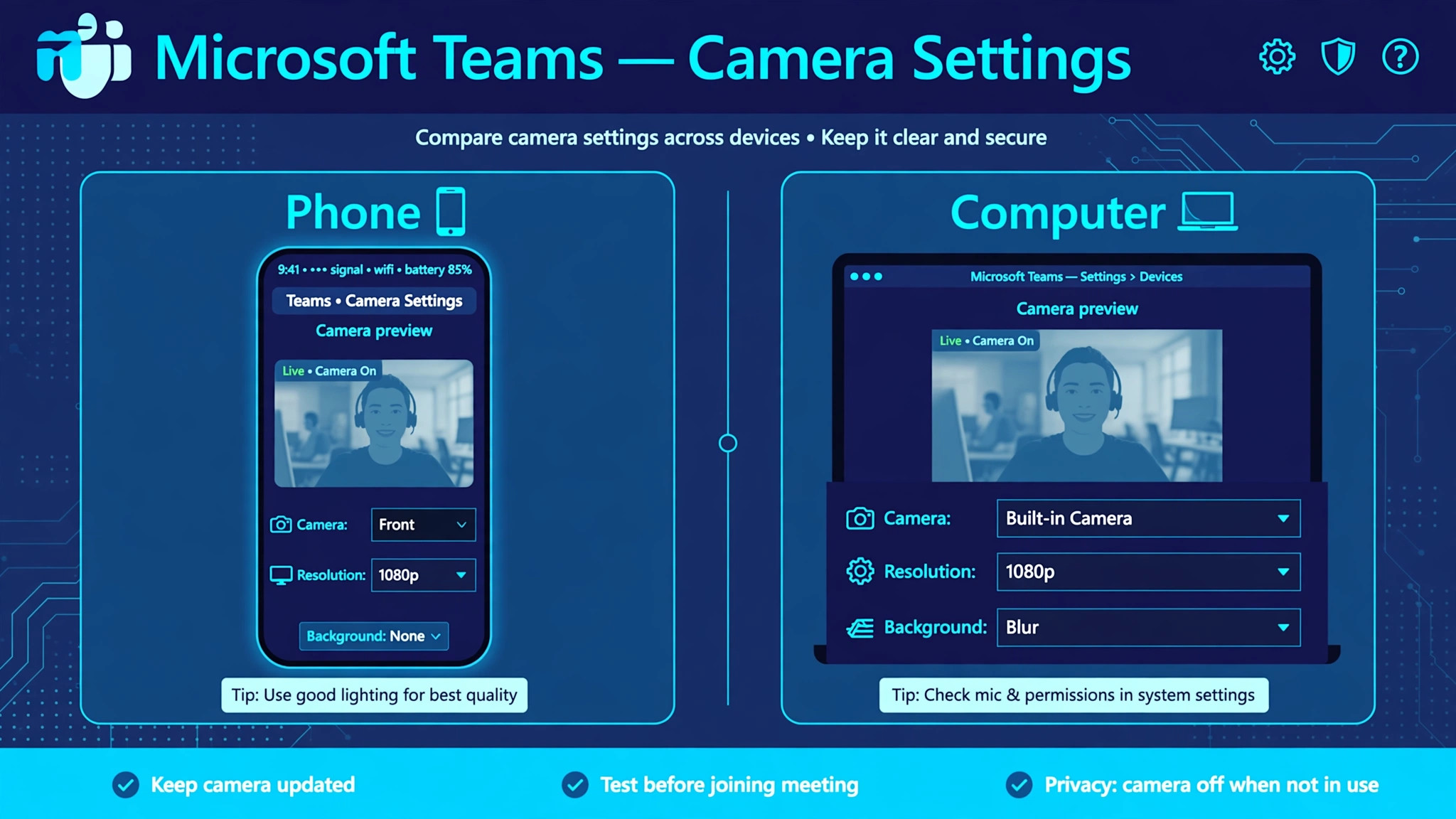 Mockup of Teams camera settings on phone and computer