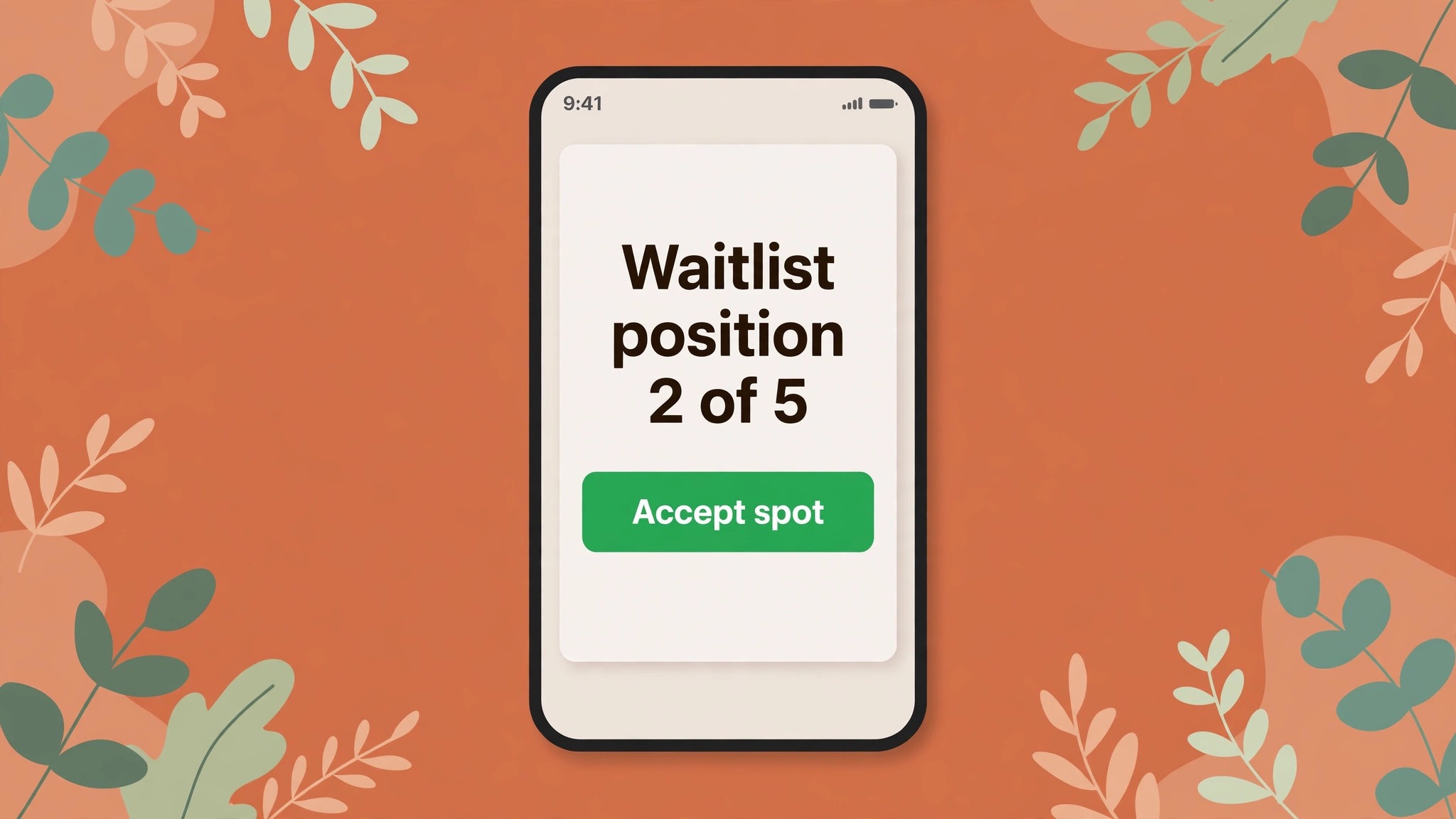 Phone mockup of a yoga class waitlist offer