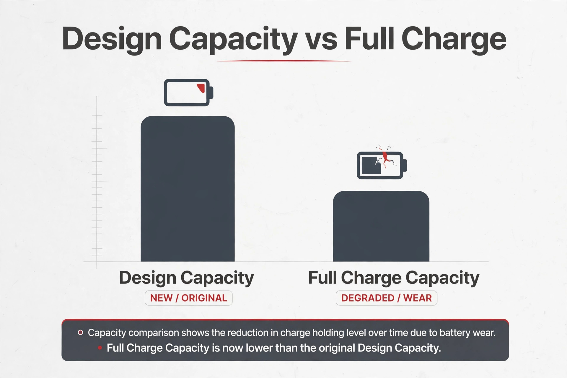 Chart of battery design capacity versus full charge capacity