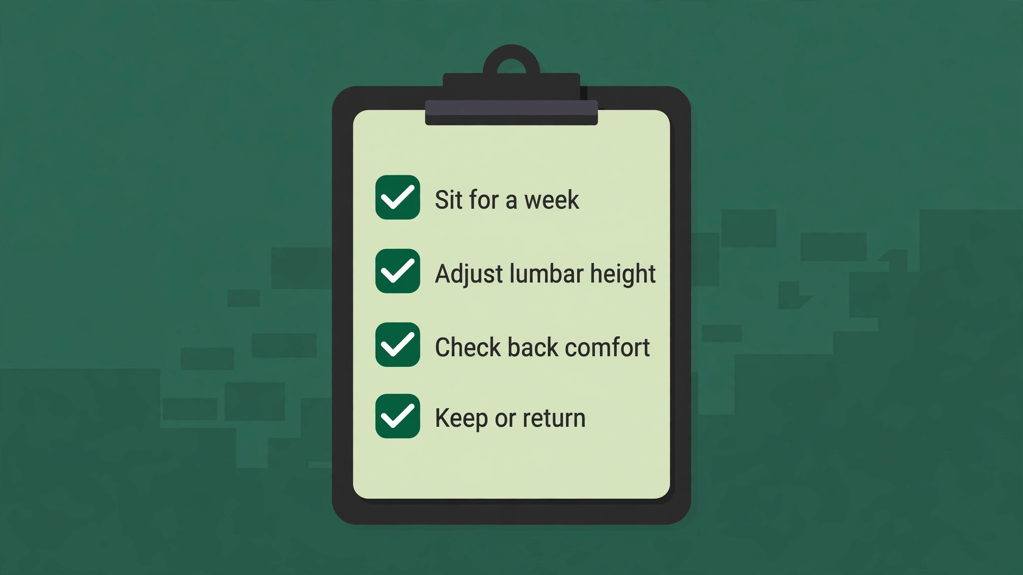 Checklist for testing an office chair for a week