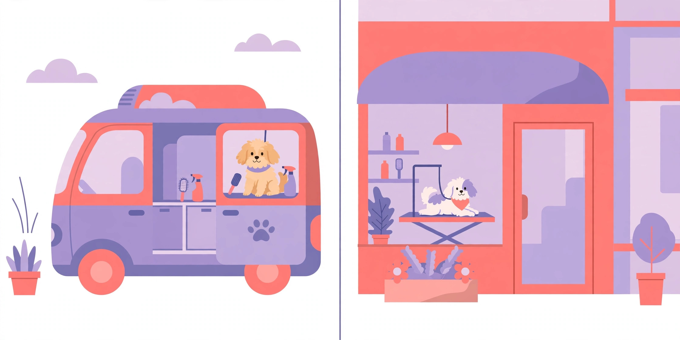 Mobile versus salon grooming side by side