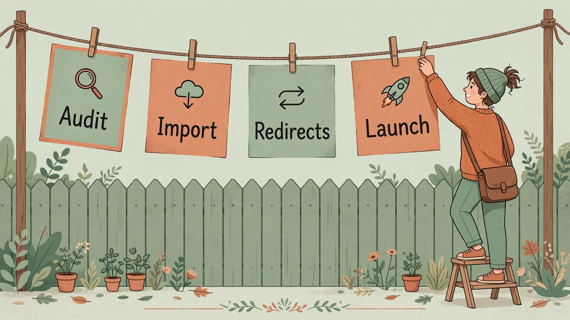 Clothesline timeline of pegged cards for Audit, Import, Redirects and Launch above a garden fence