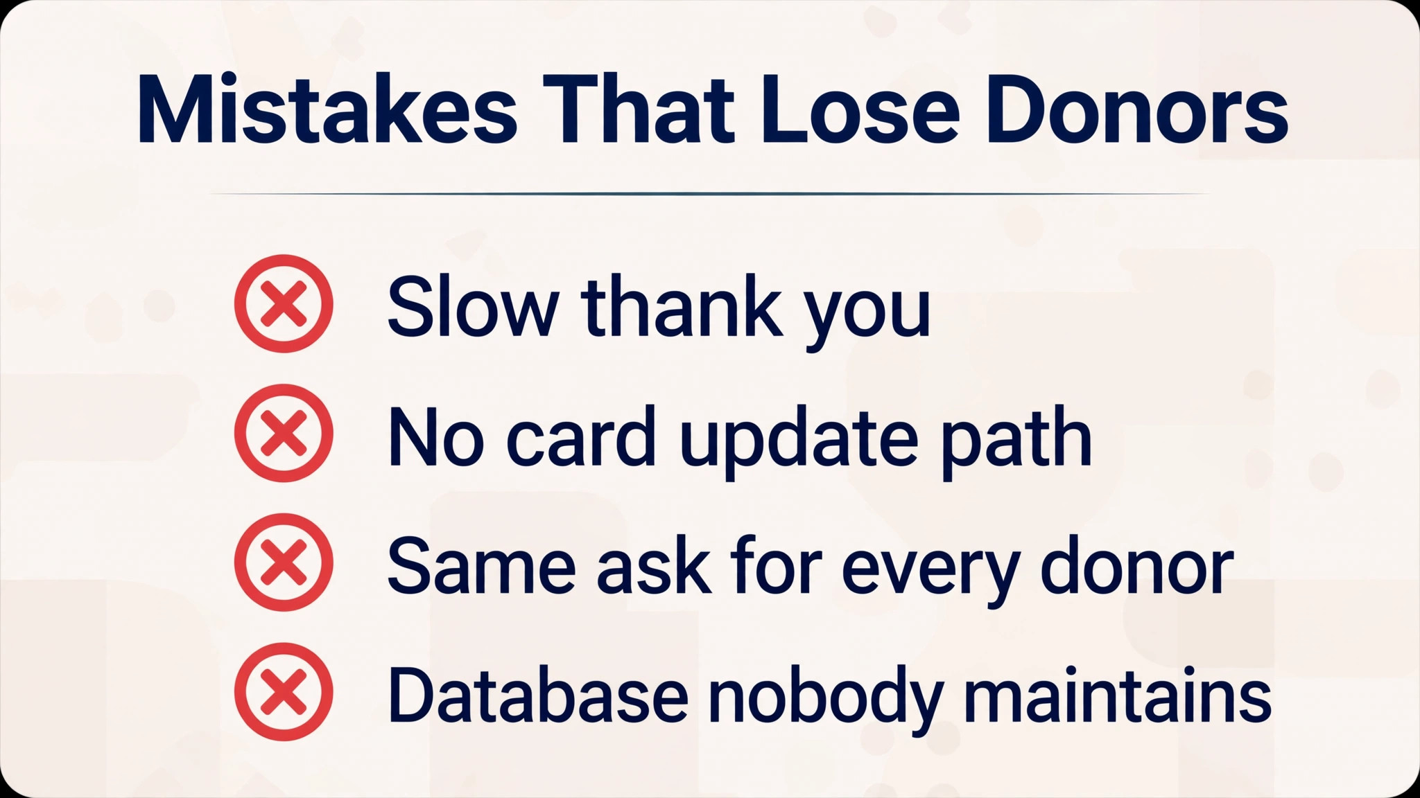 checklist visual for donor mistakes.
