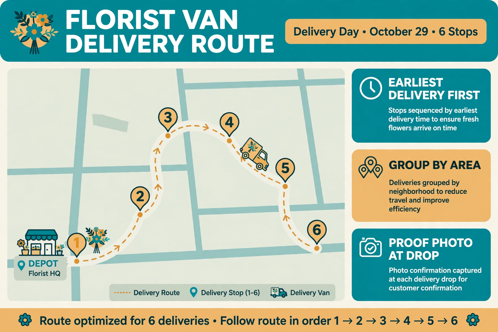 Annotated visual for a florist delivery route and window.