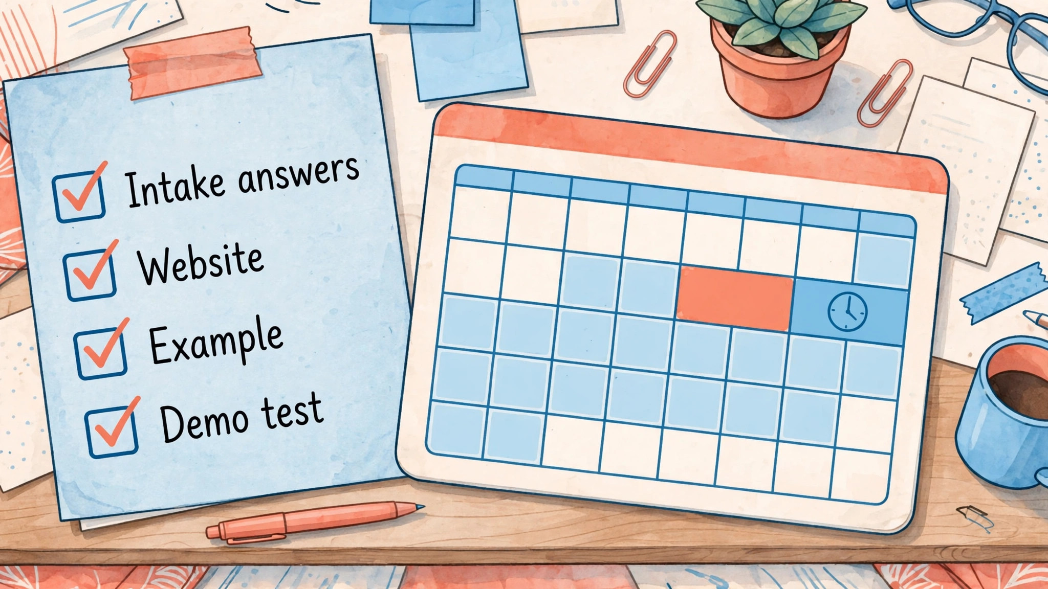 Preparation checklist of intake answers, website, example, and demo test beside a calendar with a buffer block