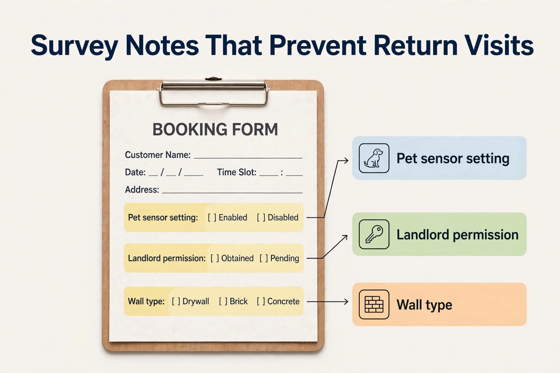 annotated visual for pet sensor and permission notes on a survey form.