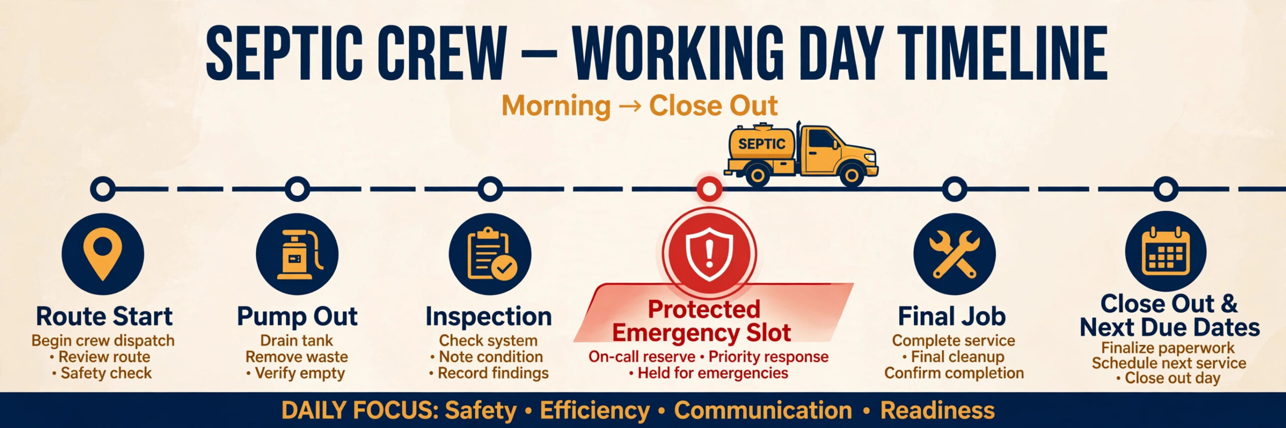 Timeline visual for a septic crew route with an emergency slot.