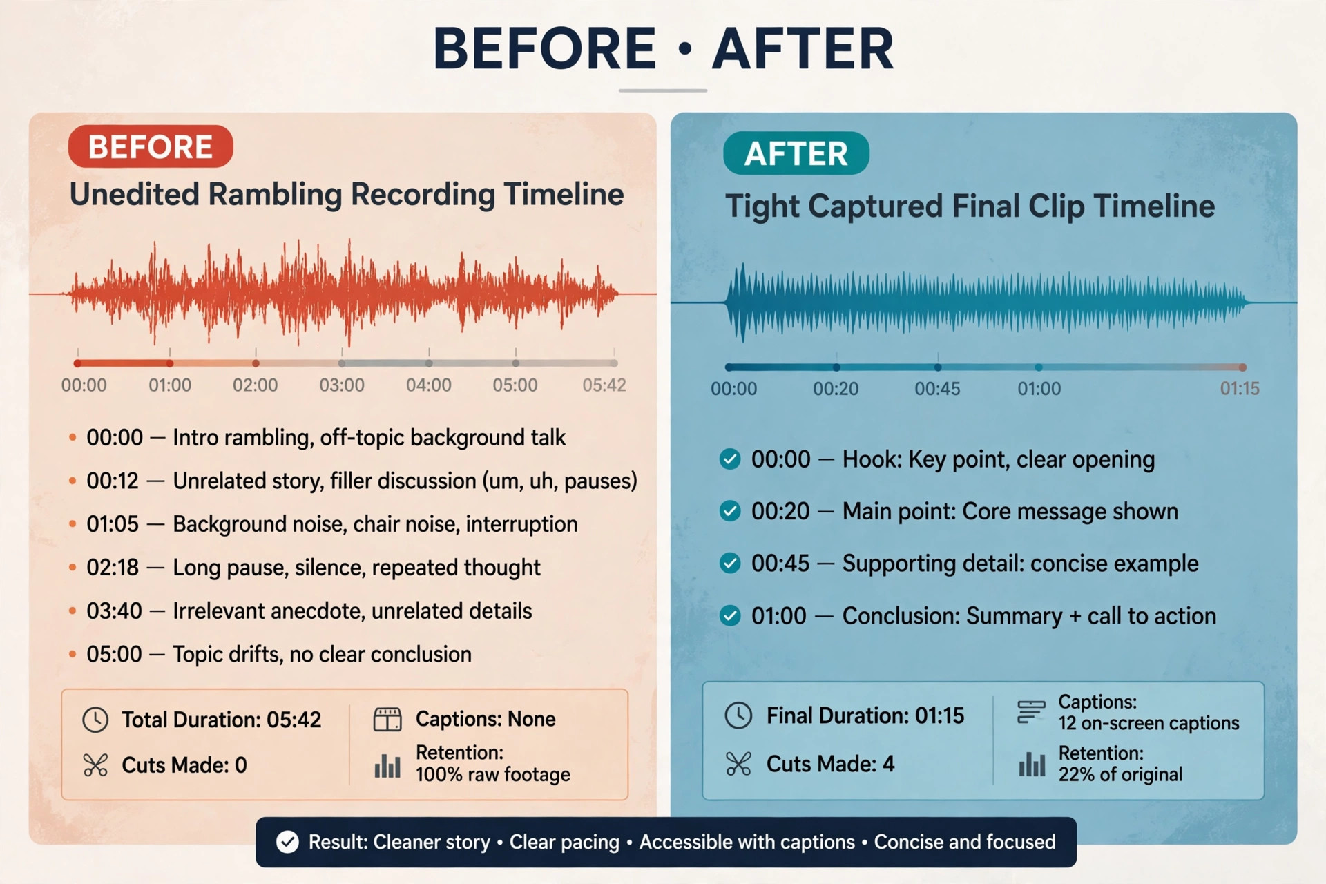 Before and after view of video testimonial editing.