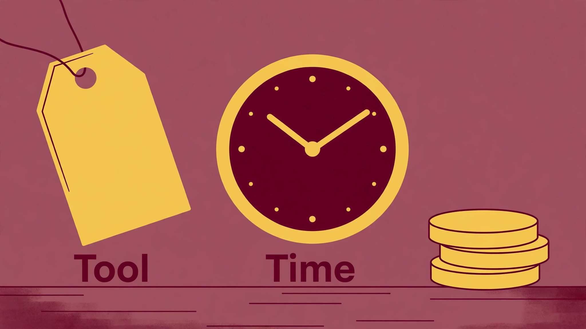 Blank price tag, clock and coins representing tool cost and time