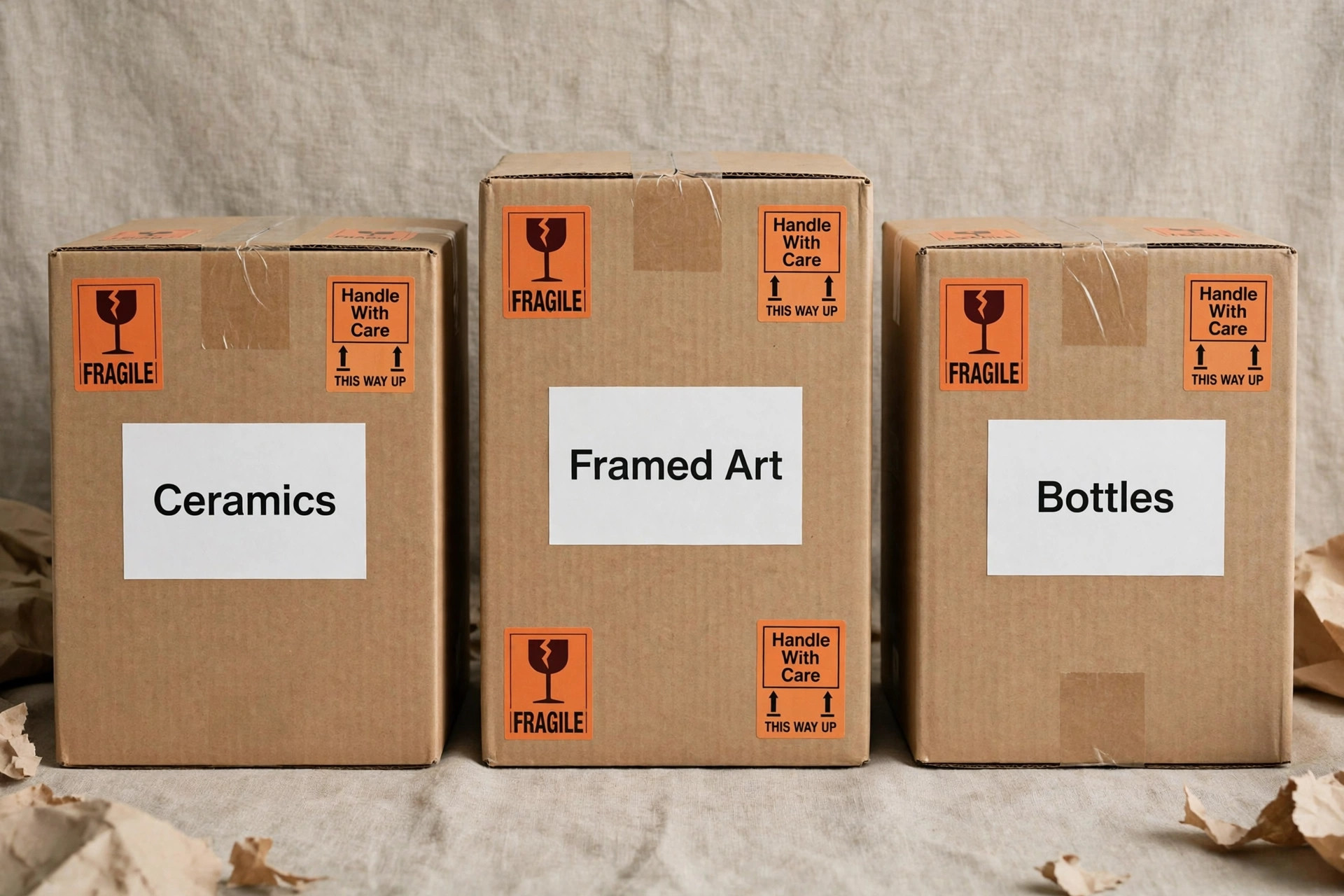Mockup visual for packed ceramics, framed art, and bottles with labels.