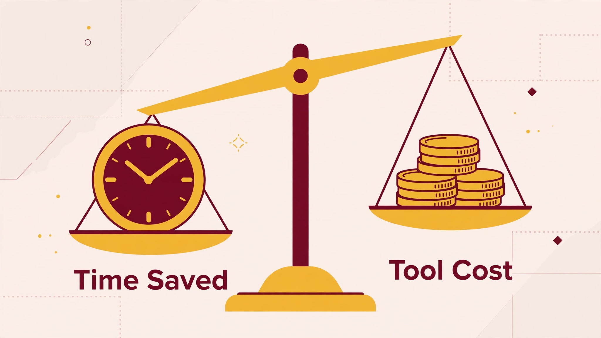 Balance scale weighing time saved against tool cost