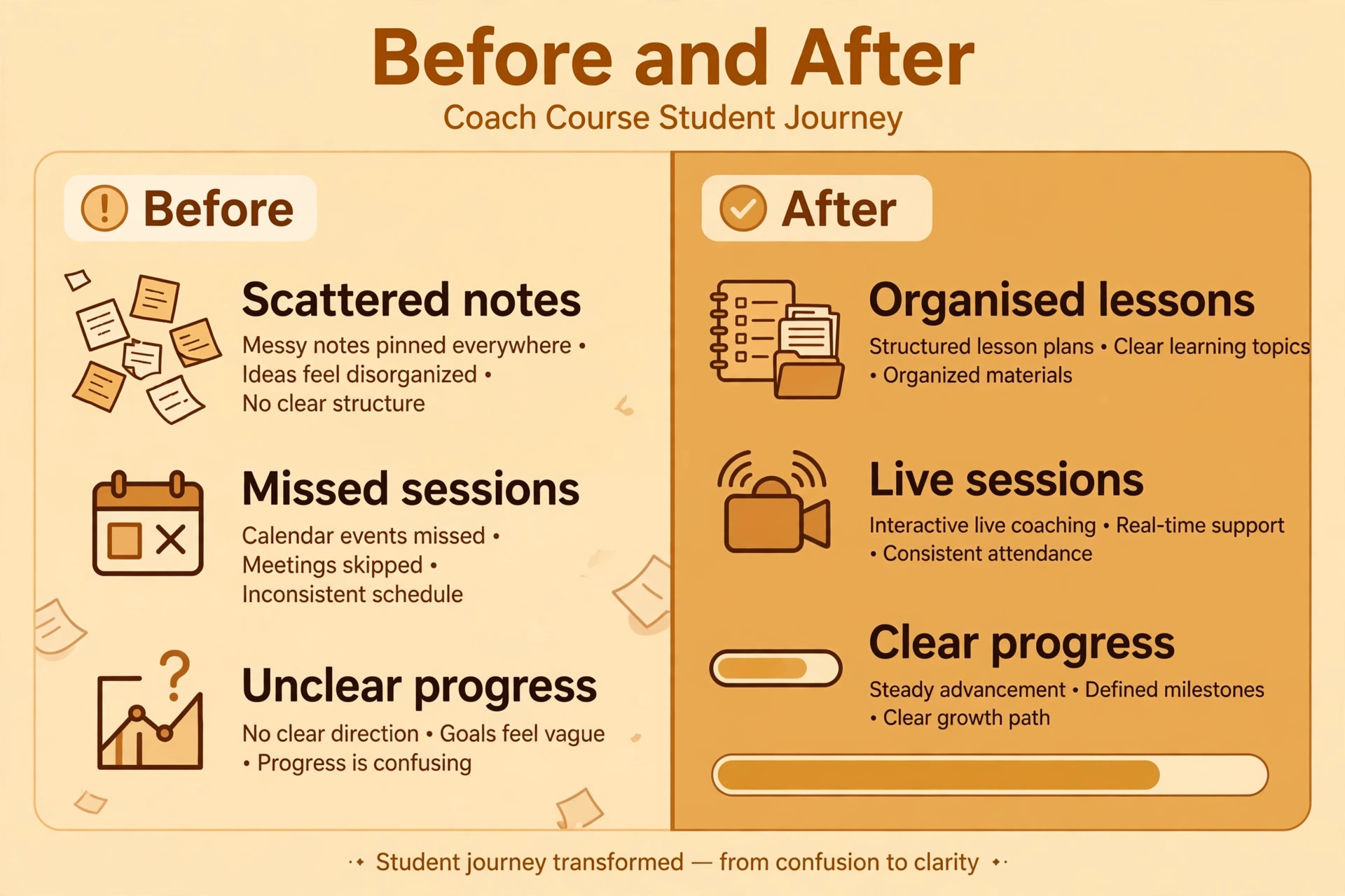 before and after visual for a coach course student journey.