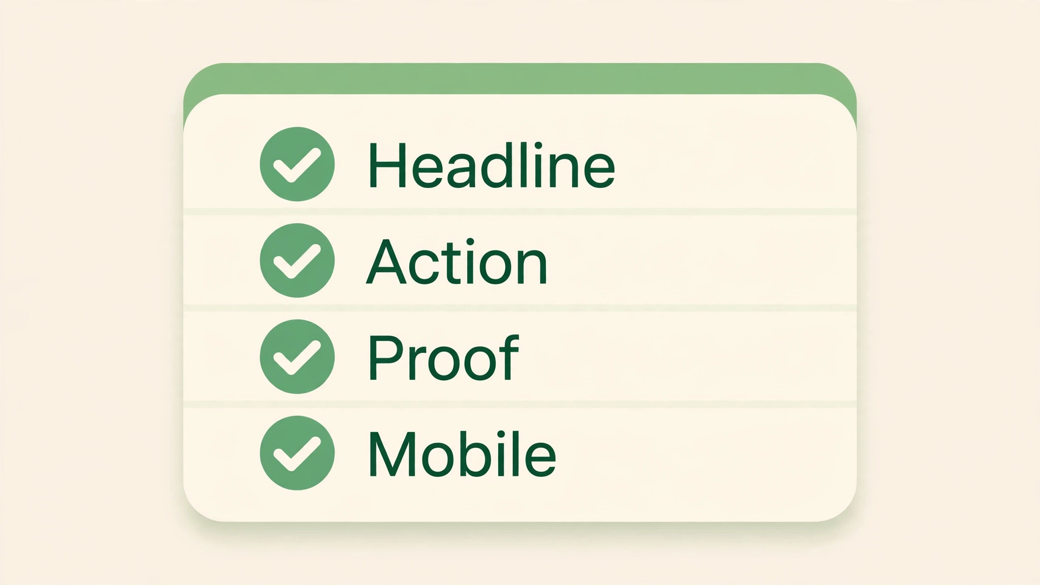 Landing page checklist covering headline, action, proof and mobile
