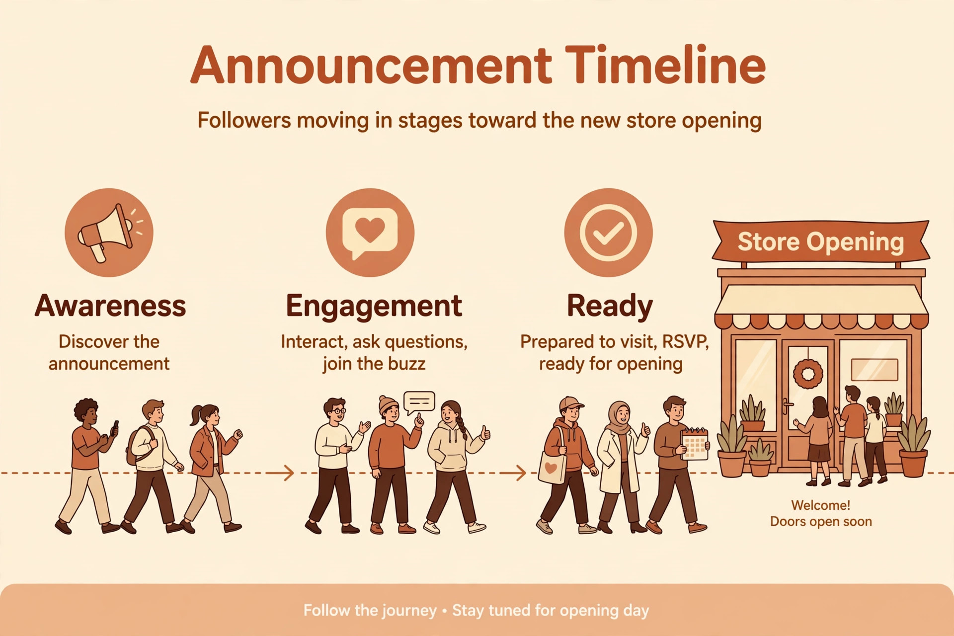 Followers moving in stages toward a new store opening.
