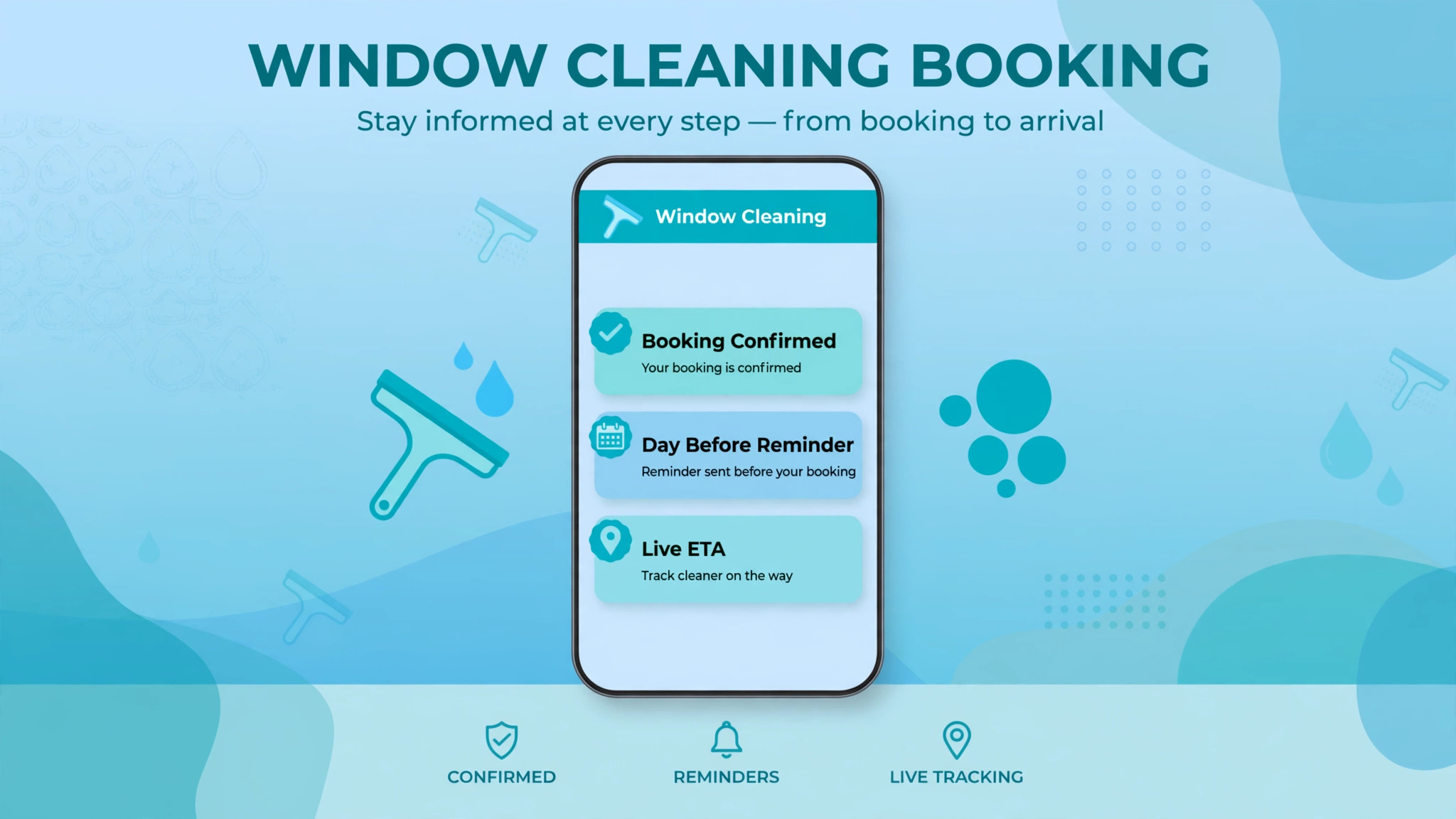 A phone showing window cleaning booking and reminder messages.