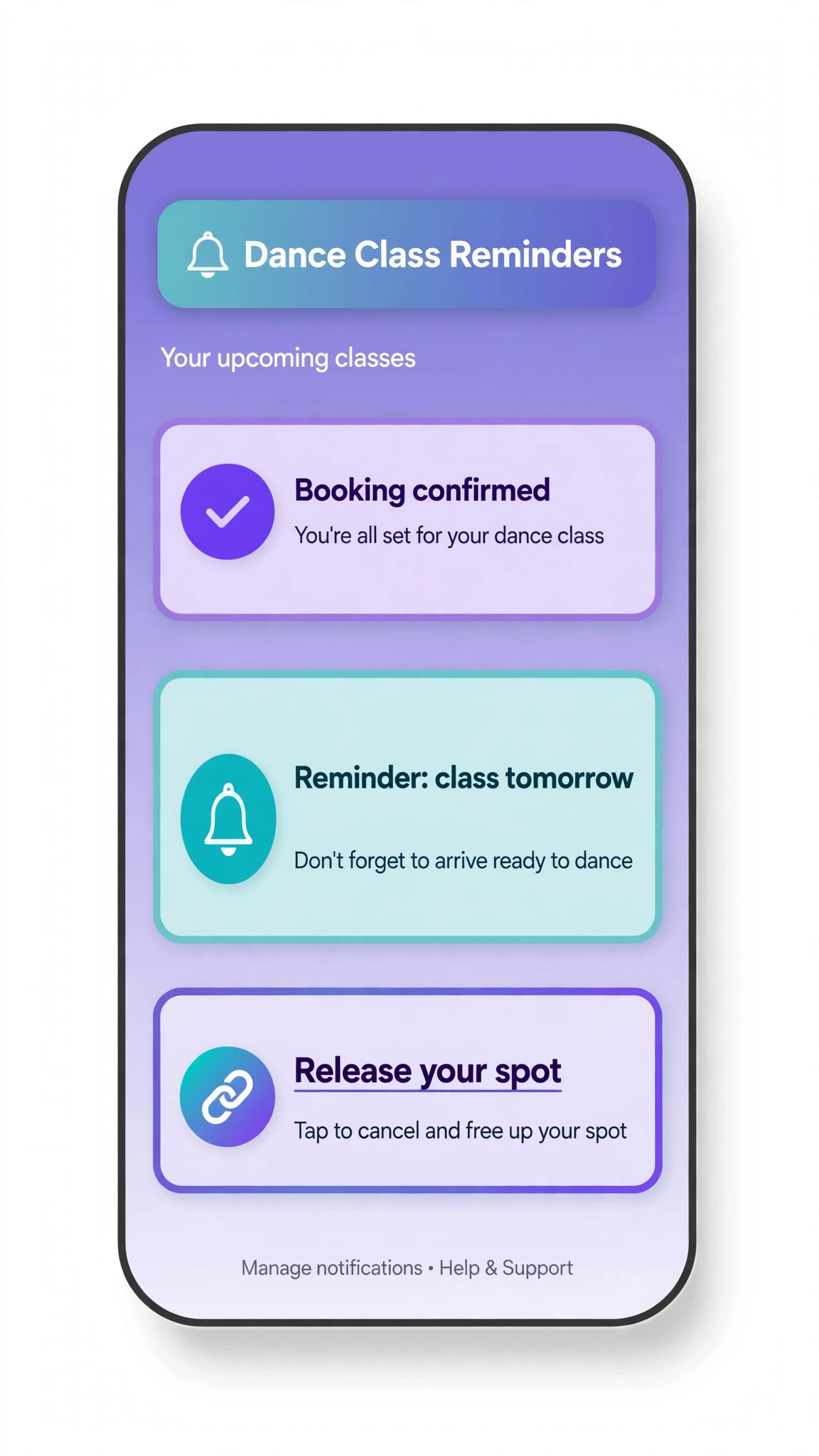 A phone screenshot of dance class reminders.