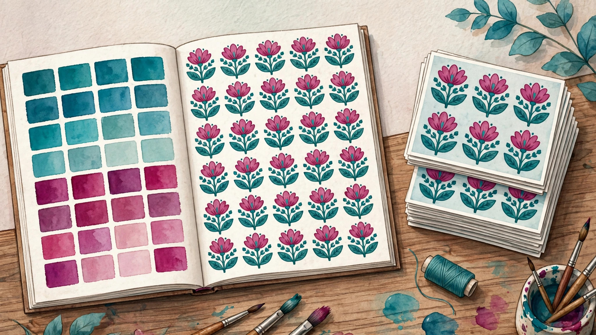 Open style reference book with colour swatches and a repeated flower motif beside a stack of matching post cards