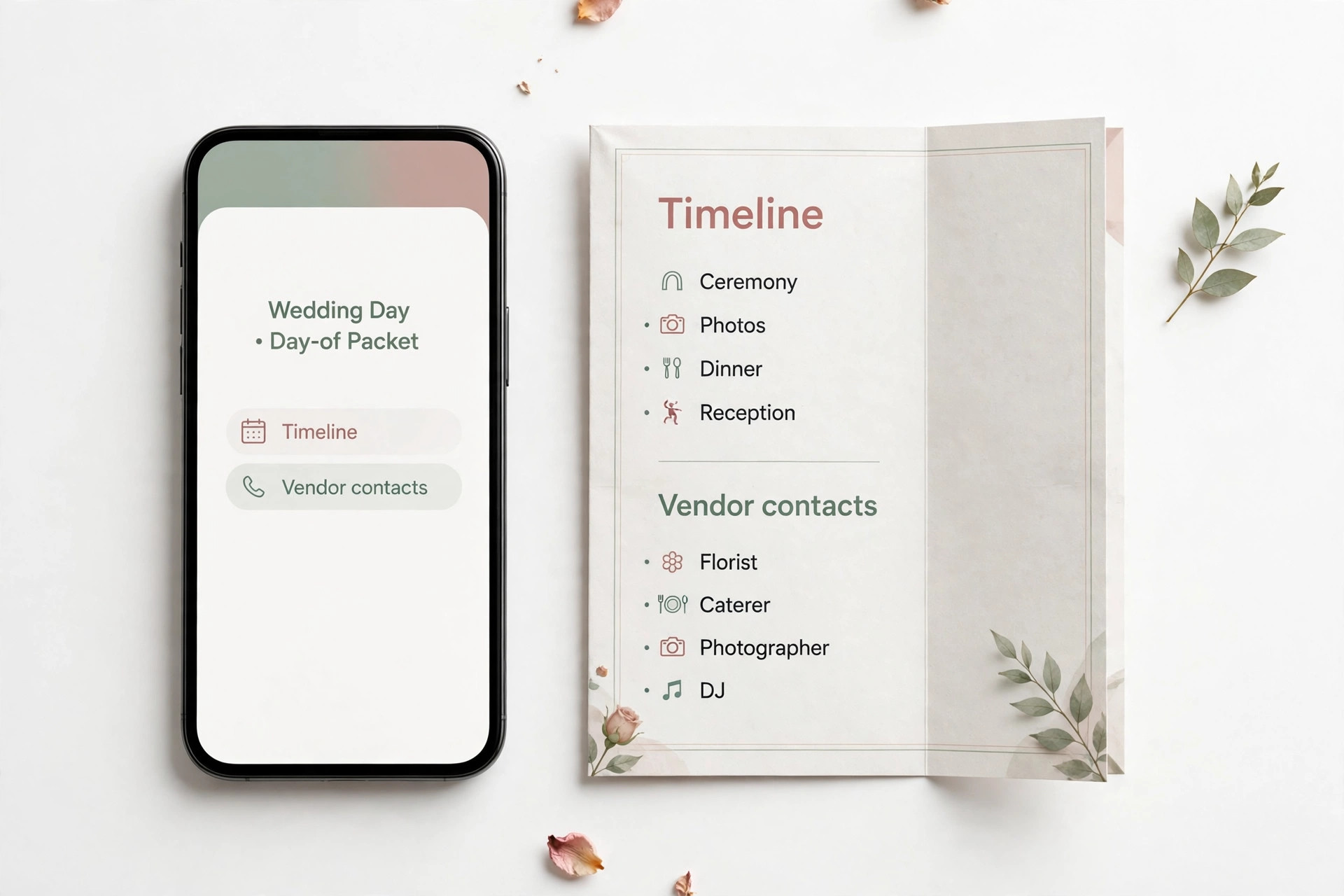 A mockup of a wedding day of packet.