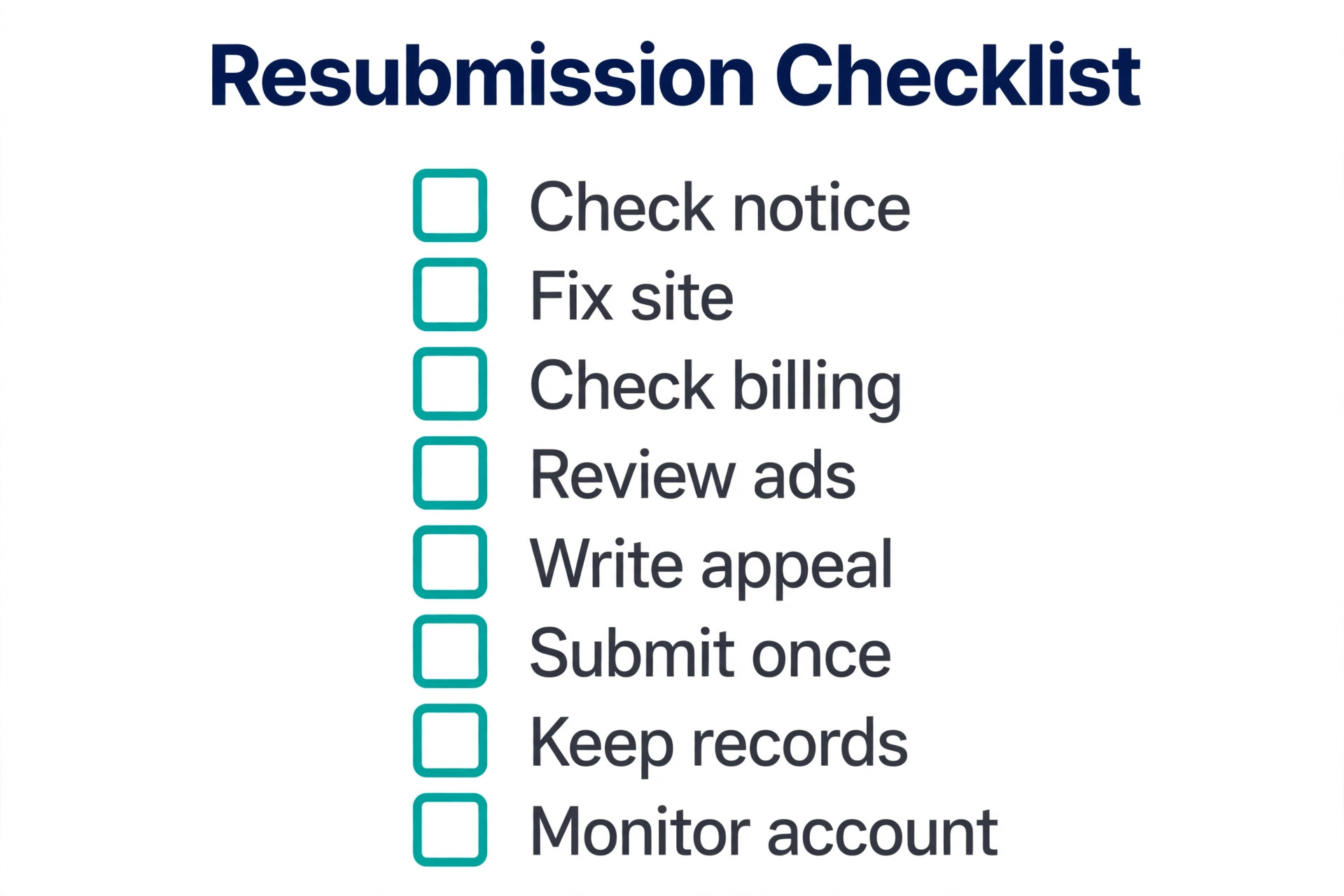 A checklist for Google Ads resubmission.