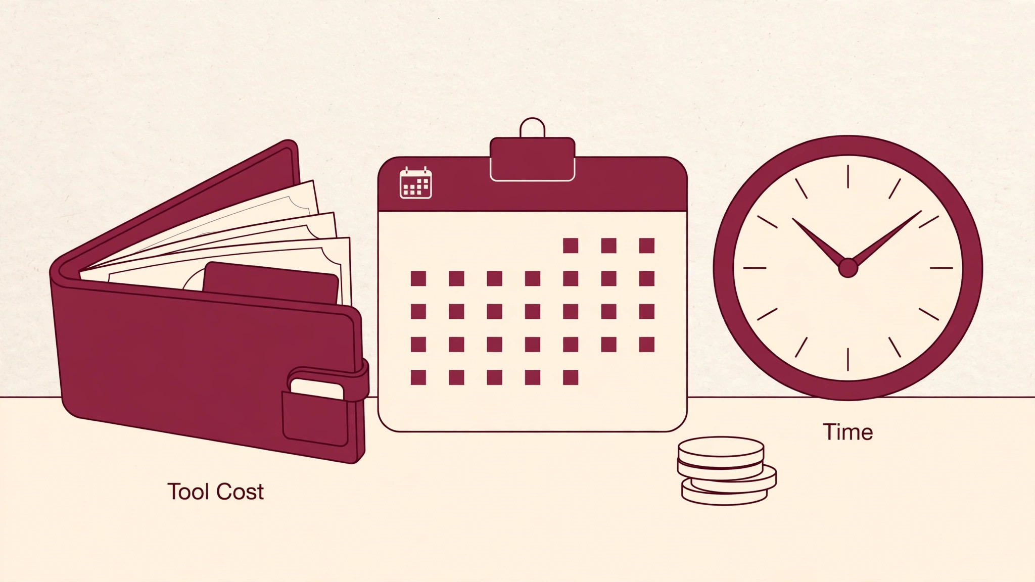 Wallet, calendar and clock representing tool cost and time for freelance tracking