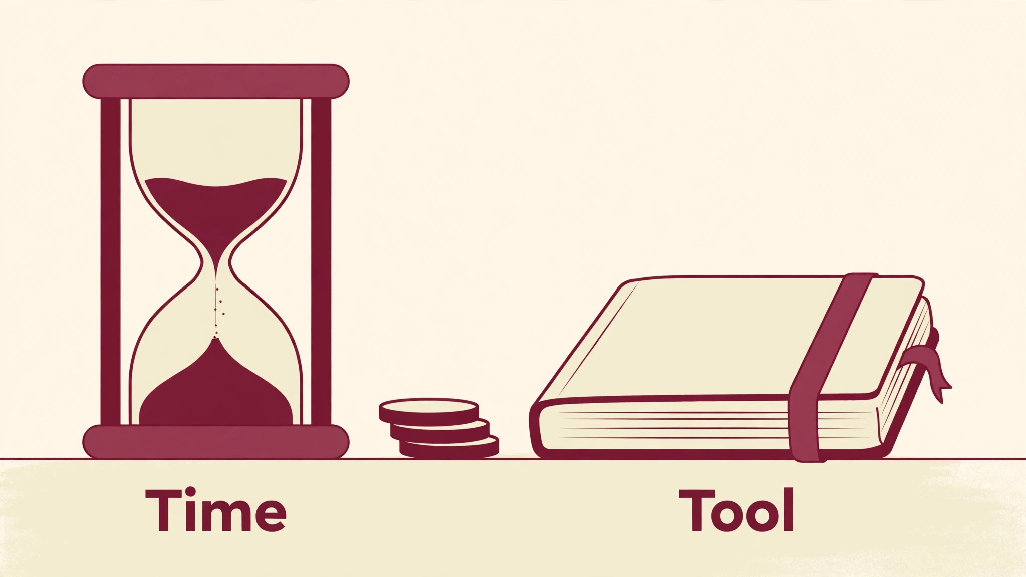 Hourglass and coins beside a notebook representing time and tool cost