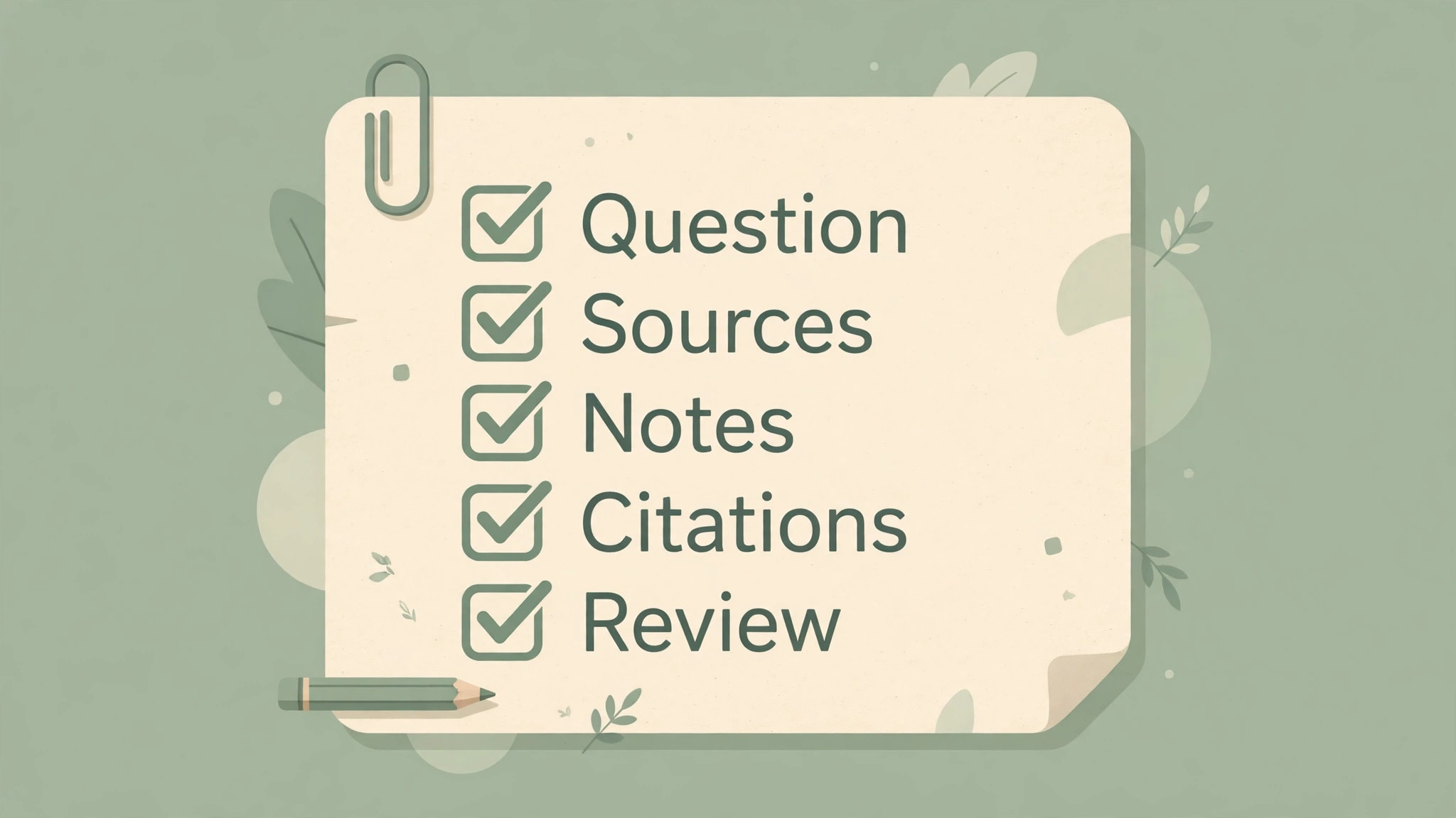 Literature search checklist covering question, sources, notes, citations and review