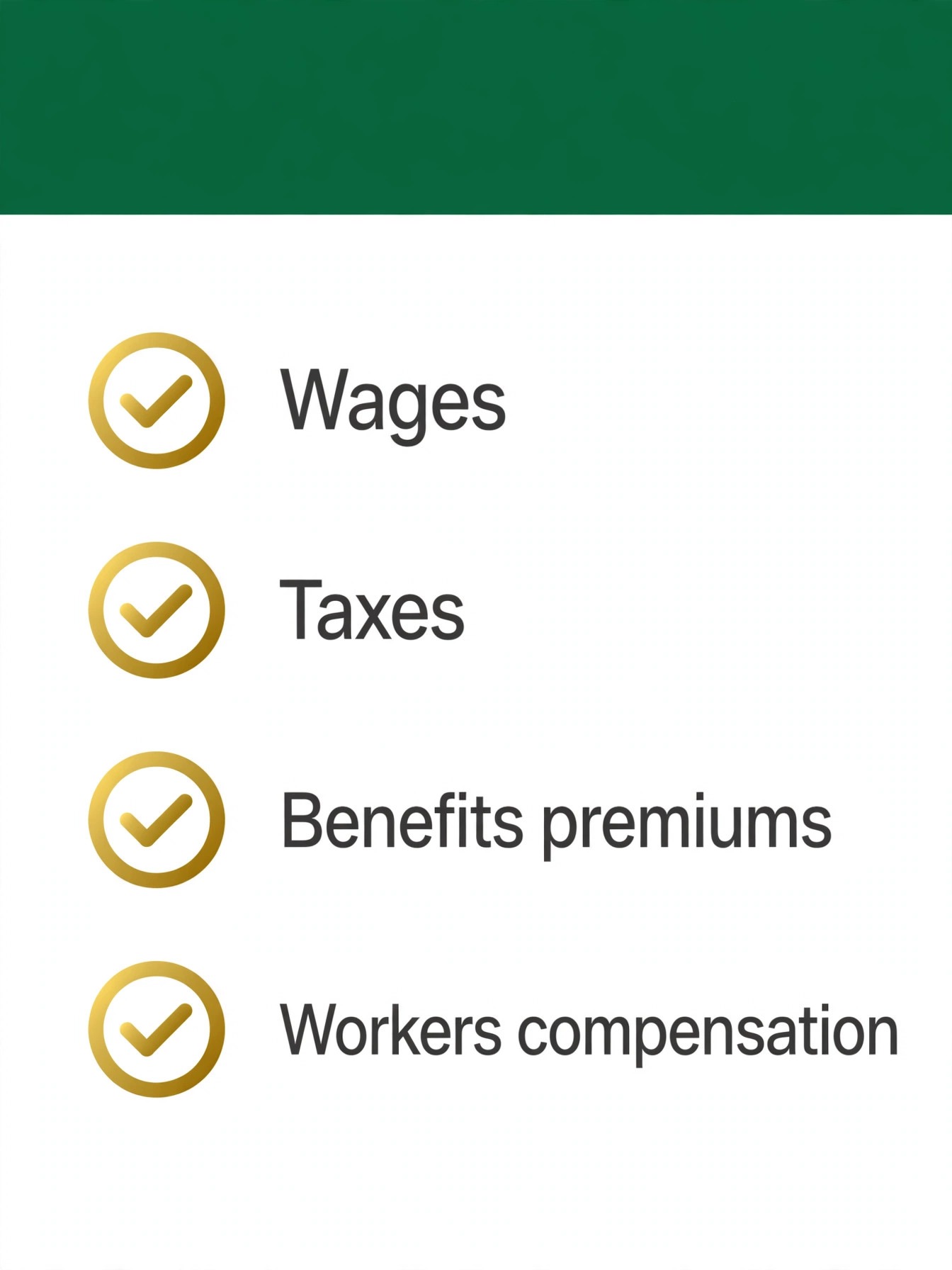 Checklist concept. A checklist page ticking wages, taxes, benefits premiums, and workers compensation