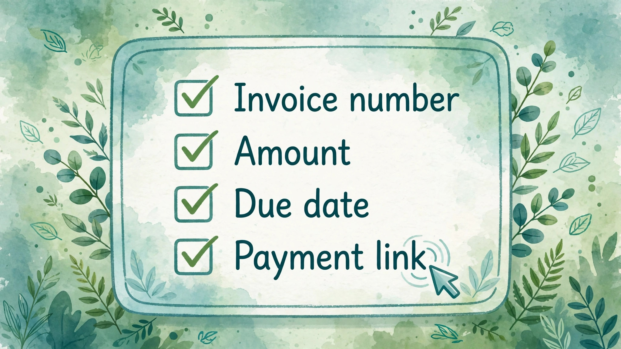 Reminder card checklist: invoice number, amount, due date, and payment link, with a cursor on the payment link