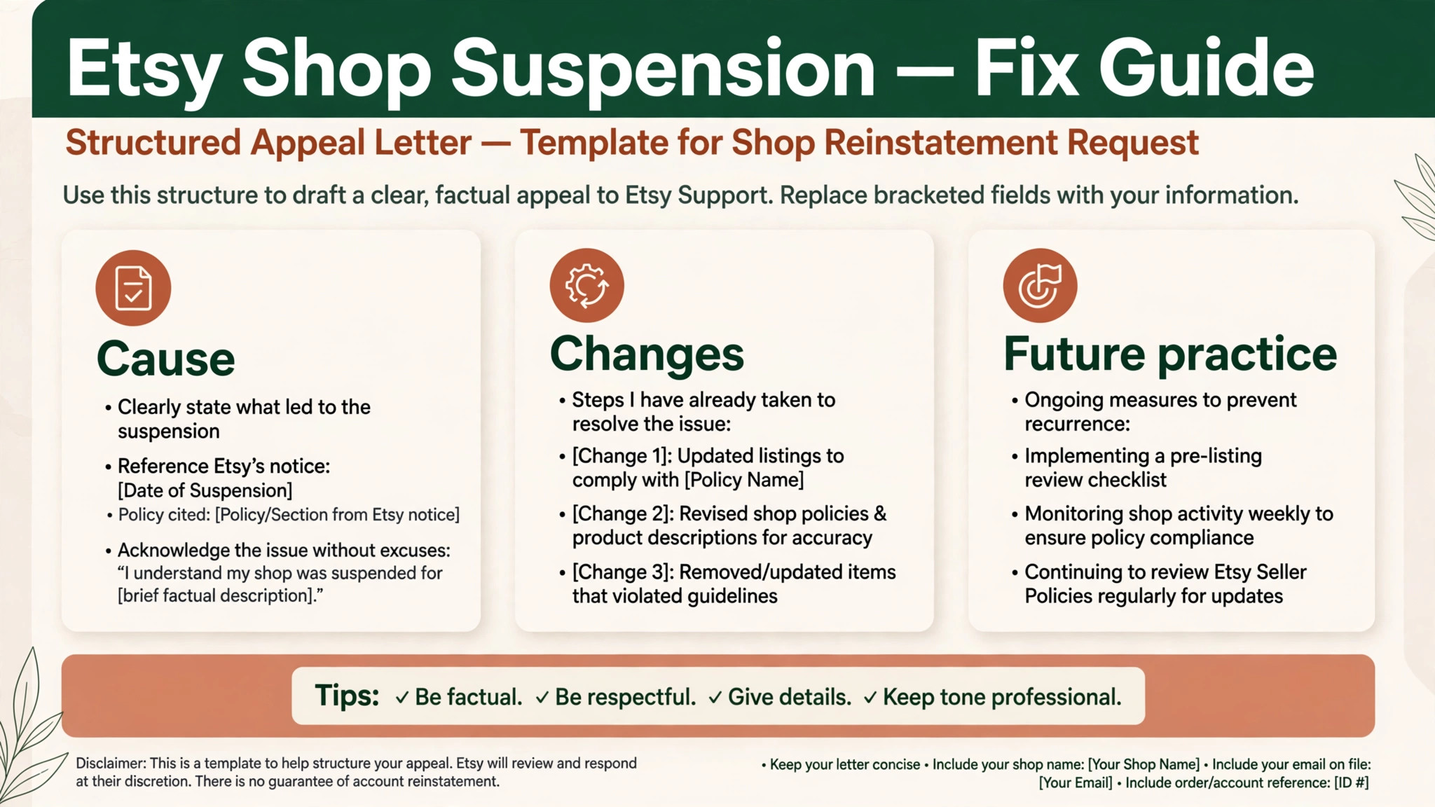 Mockup concept. A letter mockup showing a structured appeal with cause, changes, and future practice sections